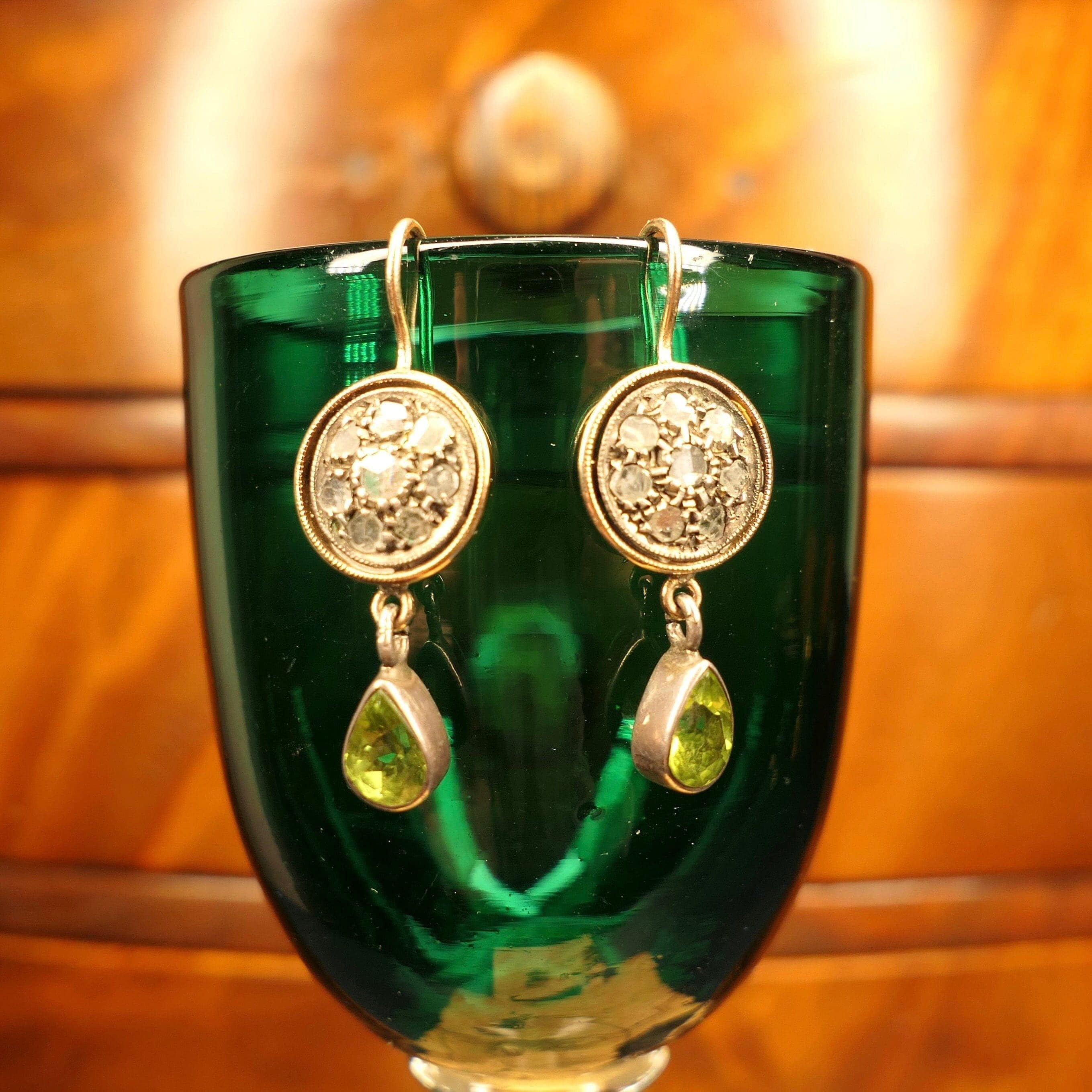 Victorian, Rose Cut Diamond, Peridot, 9ct Gold & Silver Drop Earrings