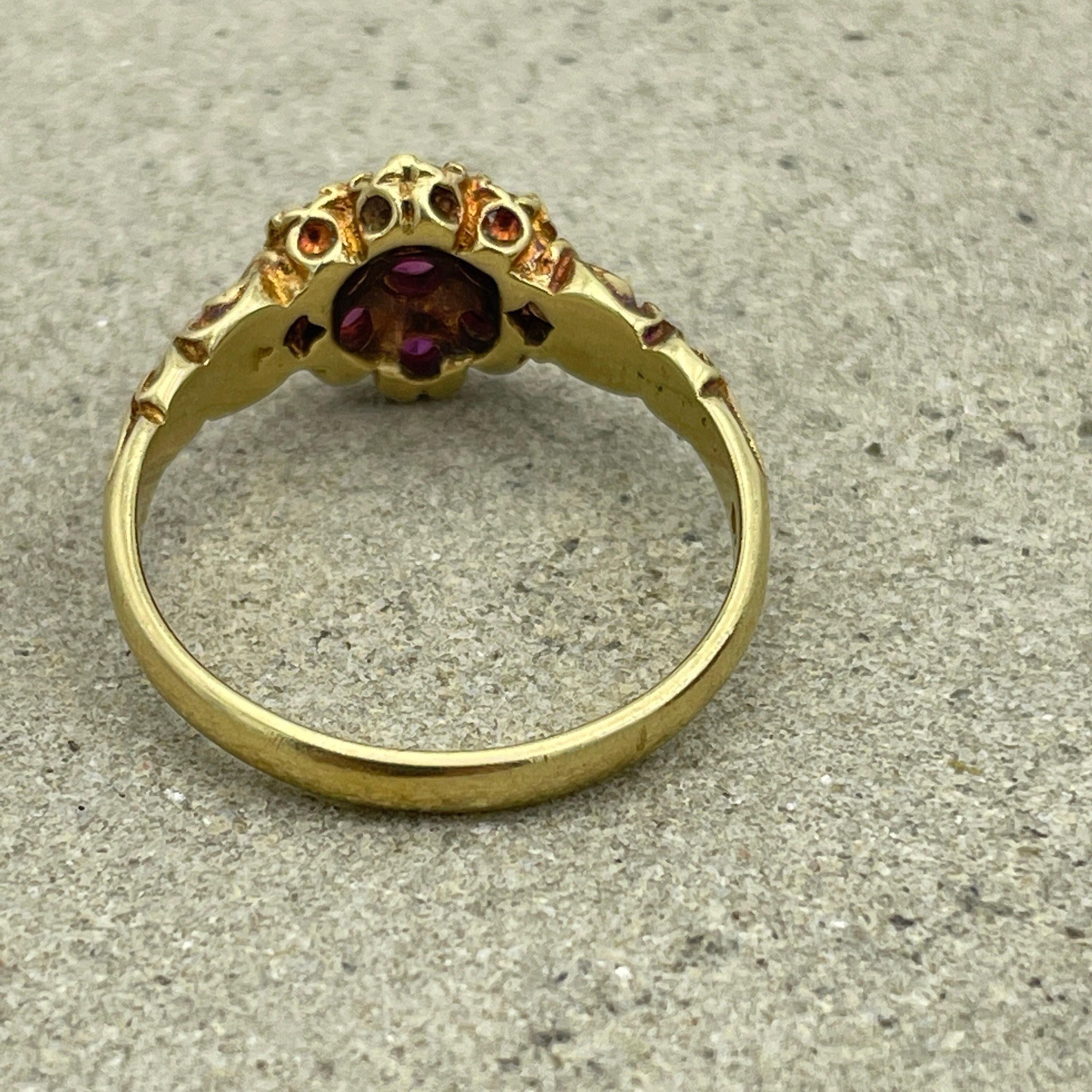 Vintage, victorian style, 18ct gold ruby daisy cluster ring