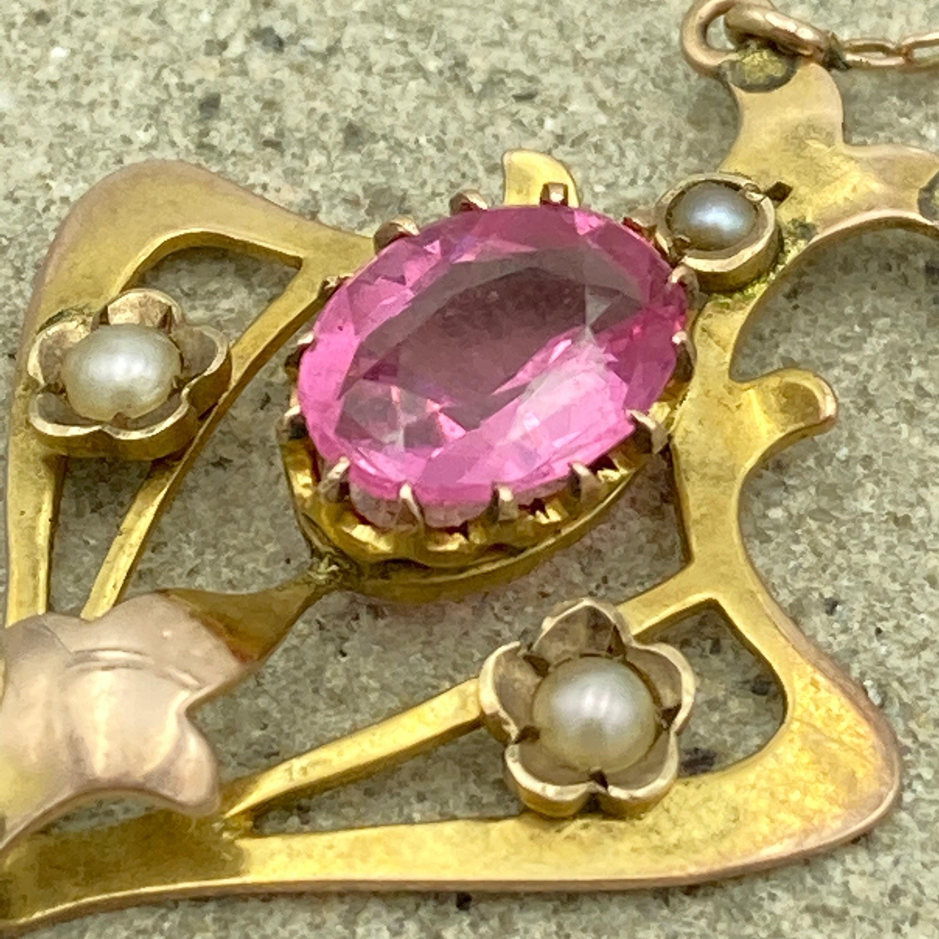 Edwardian 9ct gold pink tourmaline & seed pearl pendant necklace-  9ct gold trace link chain, barrel clasp