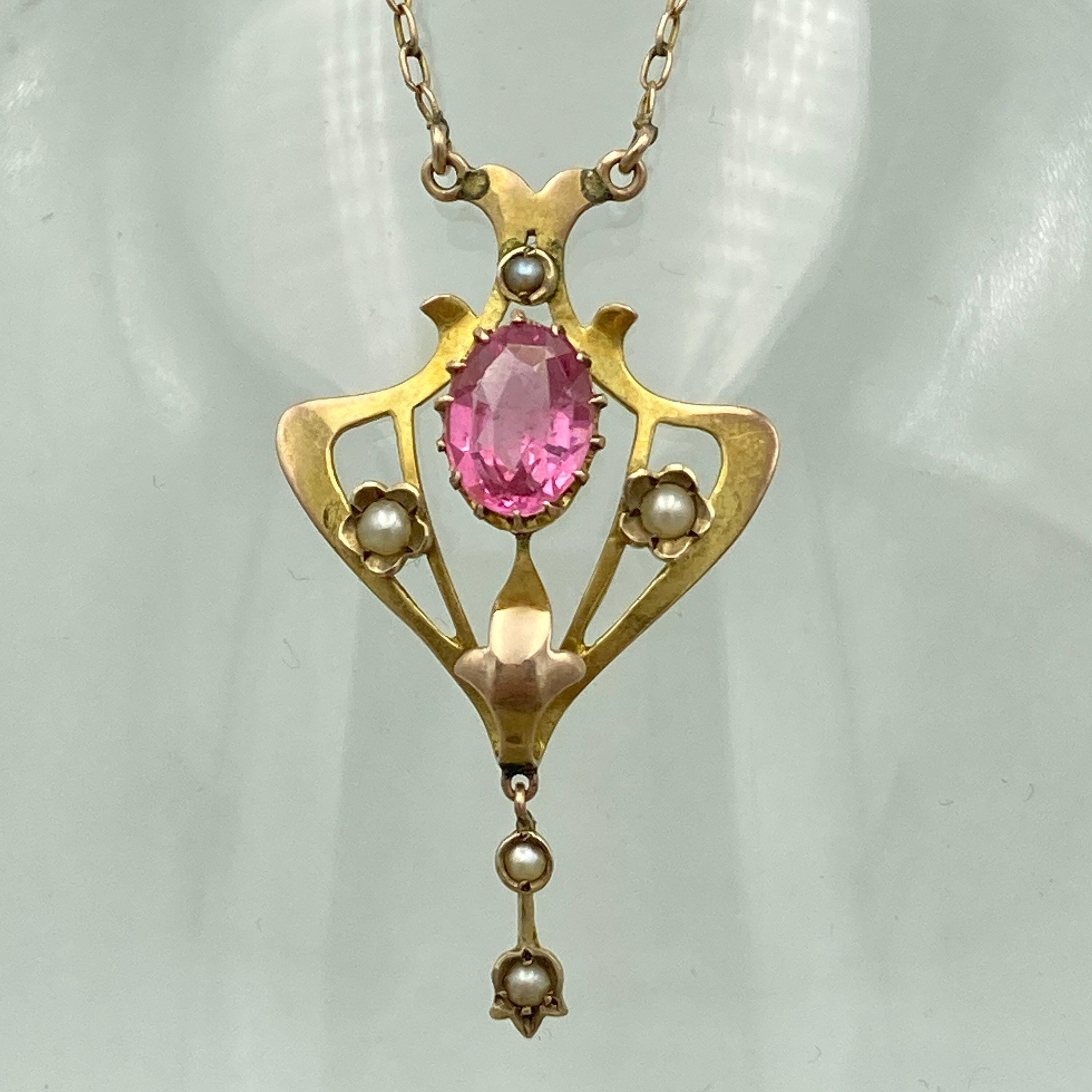 Edwardian 9ct gold pink tourmaline & seed pearl pendant necklace-  9ct gold trace link chain, barrel clasp