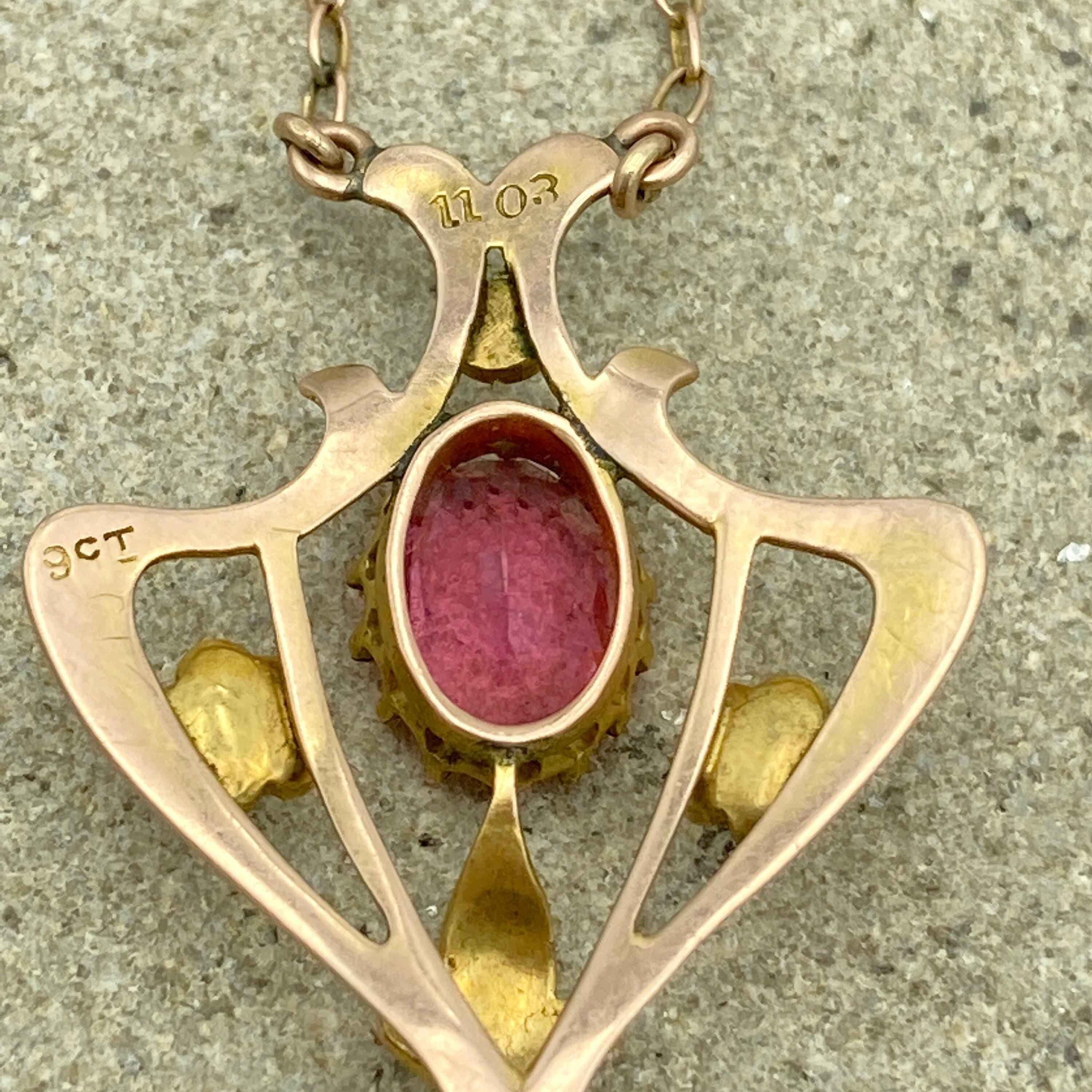 Edwardian 9ct gold pink tourmaline & seed pearl pendant necklace-  9ct gold trace link chain, barrel clasp