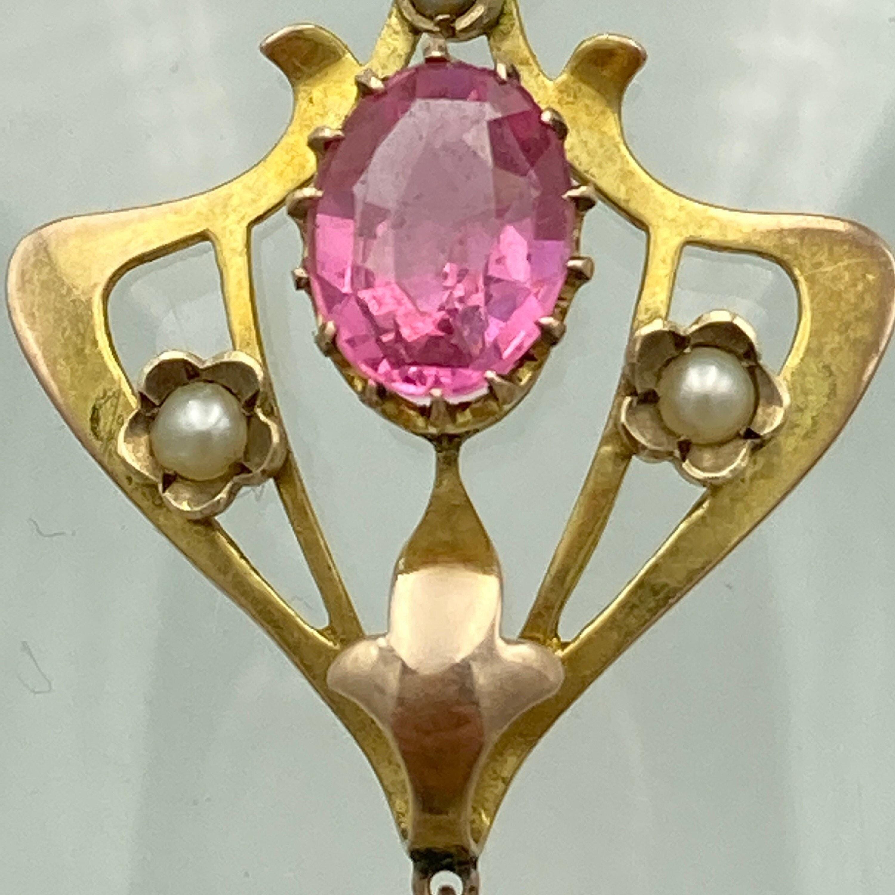 Edwardian 9ct gold pink tourmaline & seed pearl pendant necklace-  9ct gold trace link chain, barrel clasp