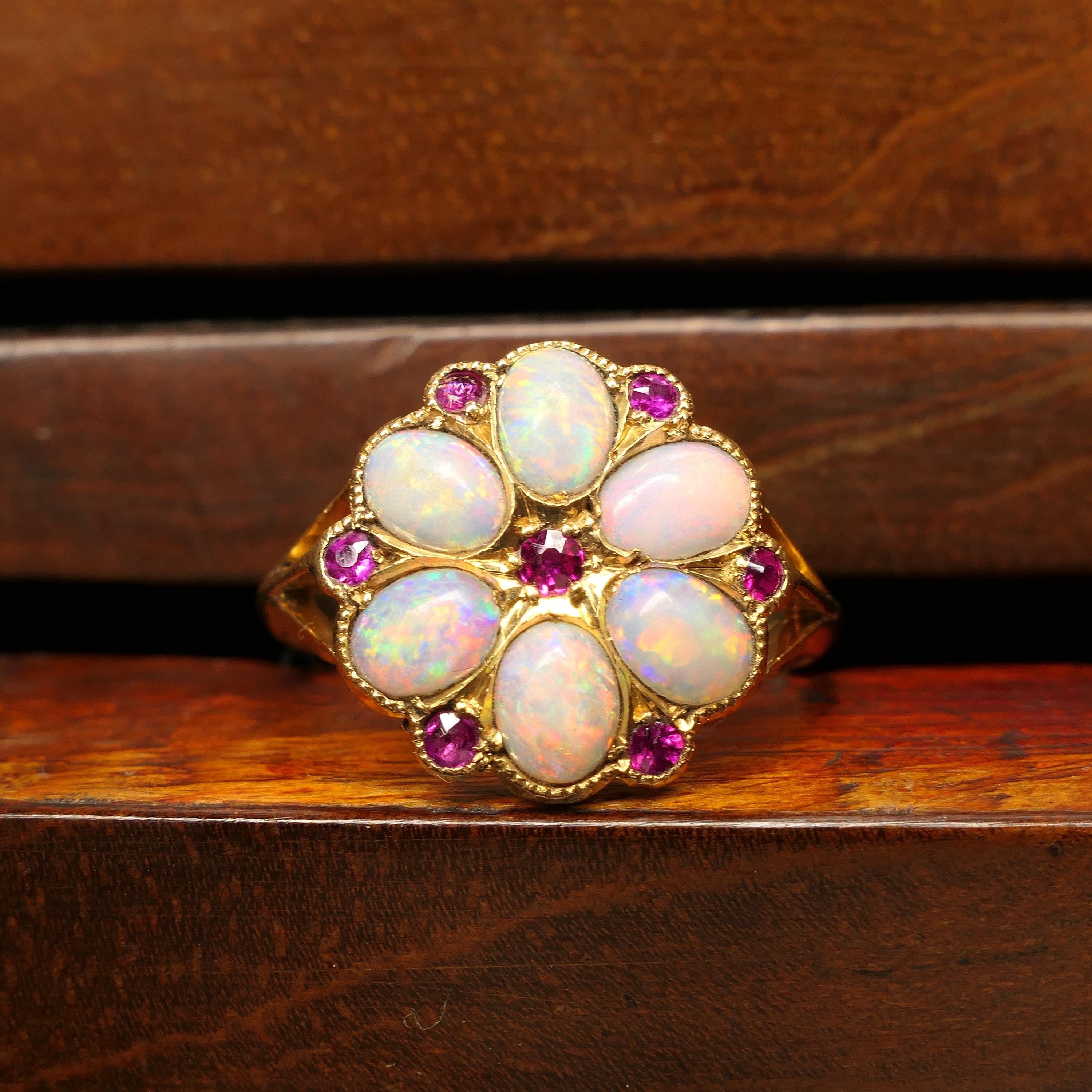 Edwardian opal & ruby, 18ct gold, daisy cluster ring, hallmarked 1910