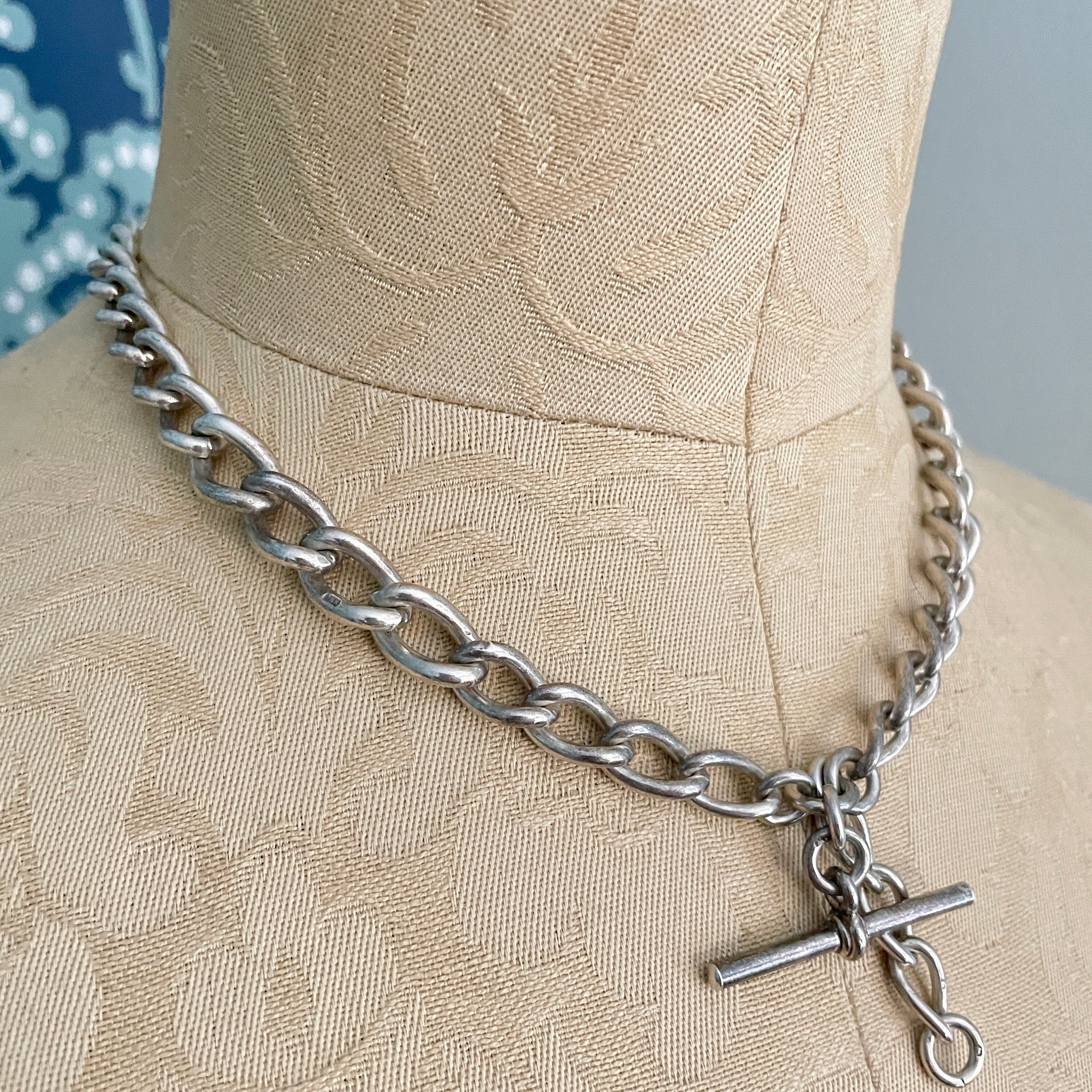 Antique, Heavy, Sterling Silver, Double Albert watch chain, Curb links, Necklace, hallmarked 1913, 67.6 grams