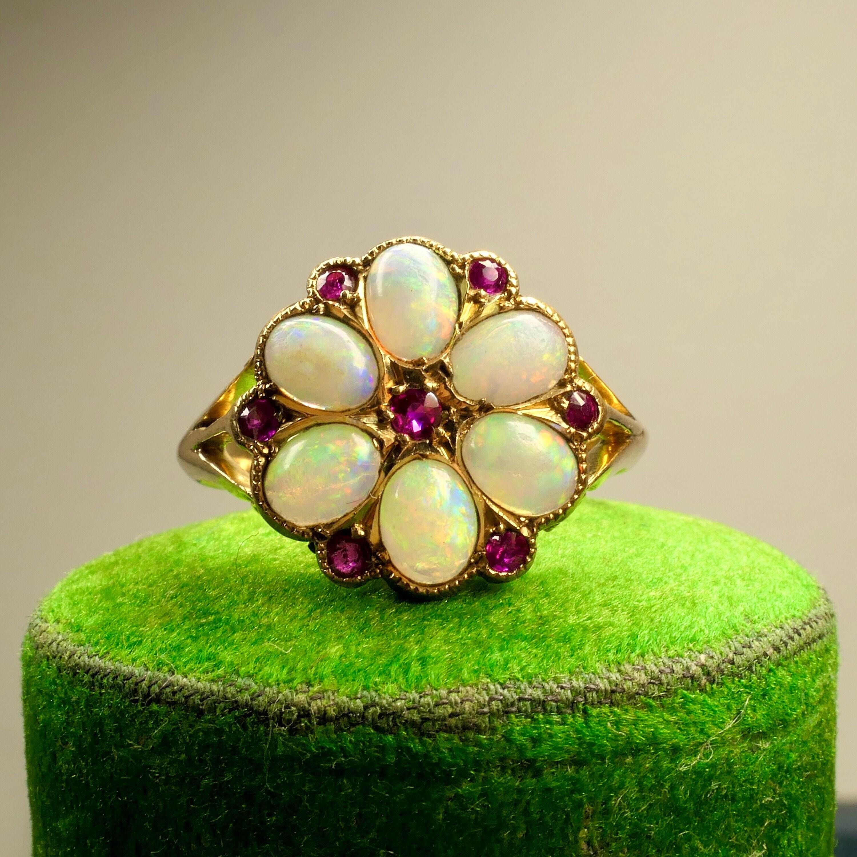 Edwardian opal & ruby, 18ct gold, daisy cluster ring, hallmarked 1910