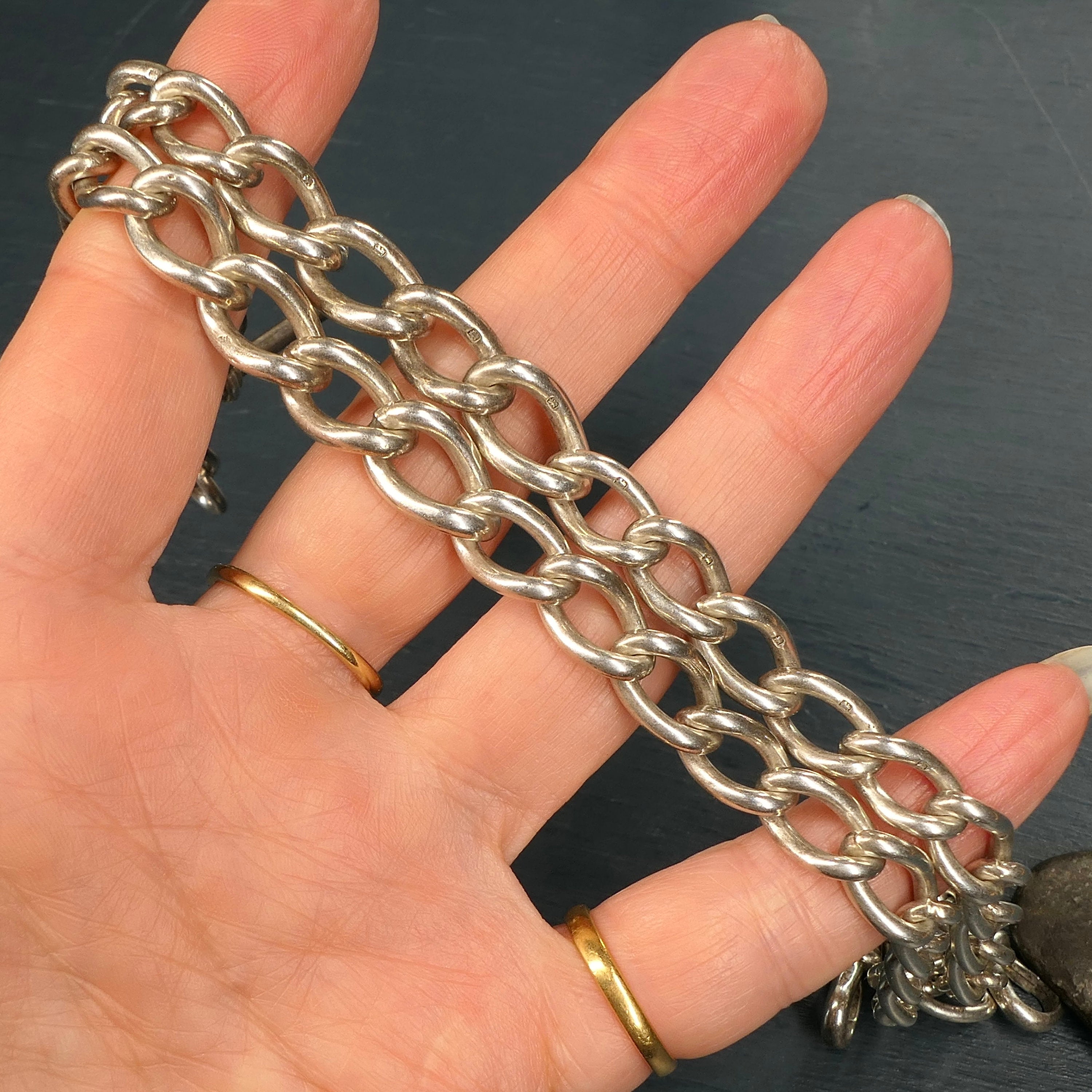 Antique, Heavy, Sterling Silver, Double Albert watch chain, Curb links, Necklace, hallmarked 1913, 67.6 grams