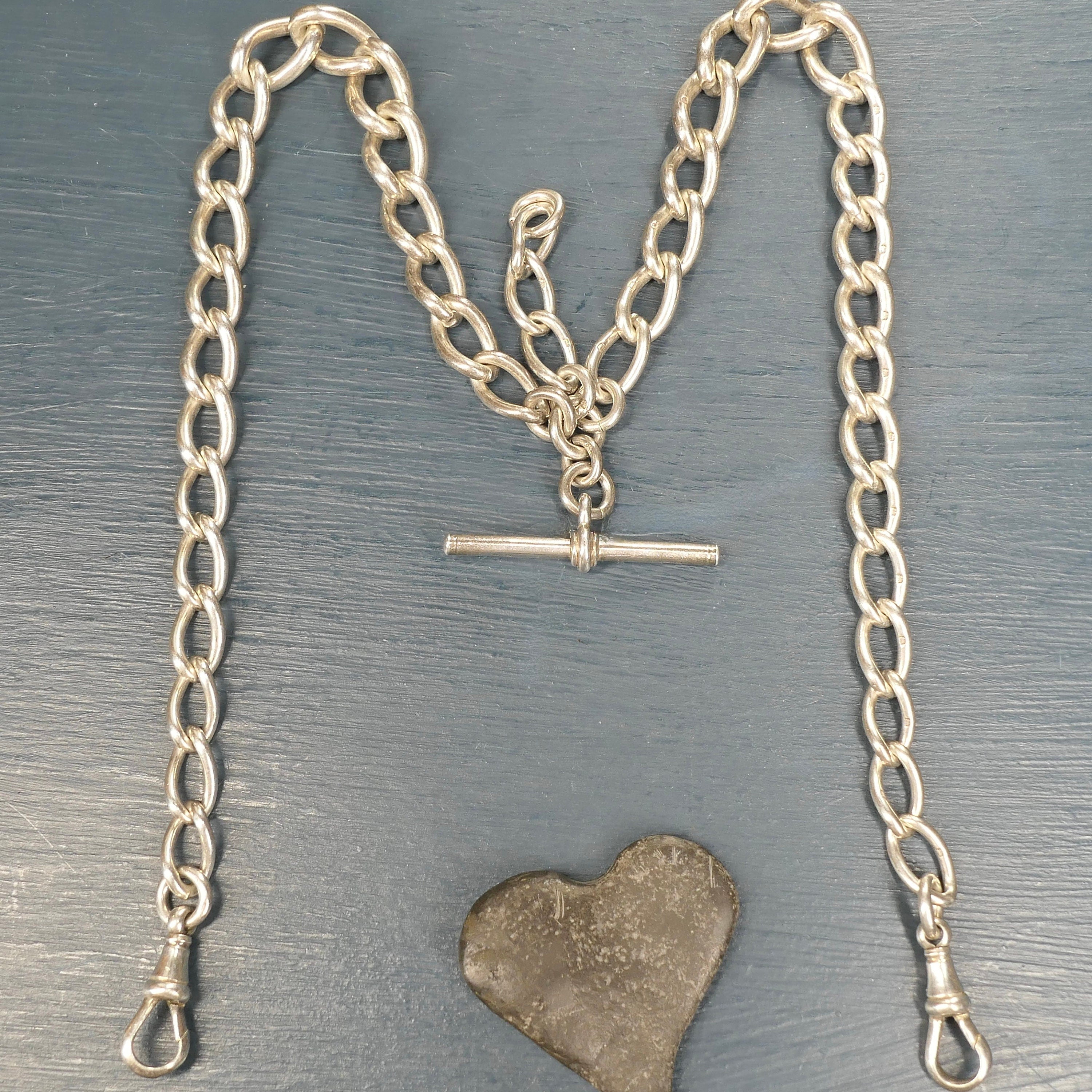 Antique, Heavy, Sterling Silver, Double Albert watch chain, Curb links, Necklace, hallmarked 1913, 67.6 grams