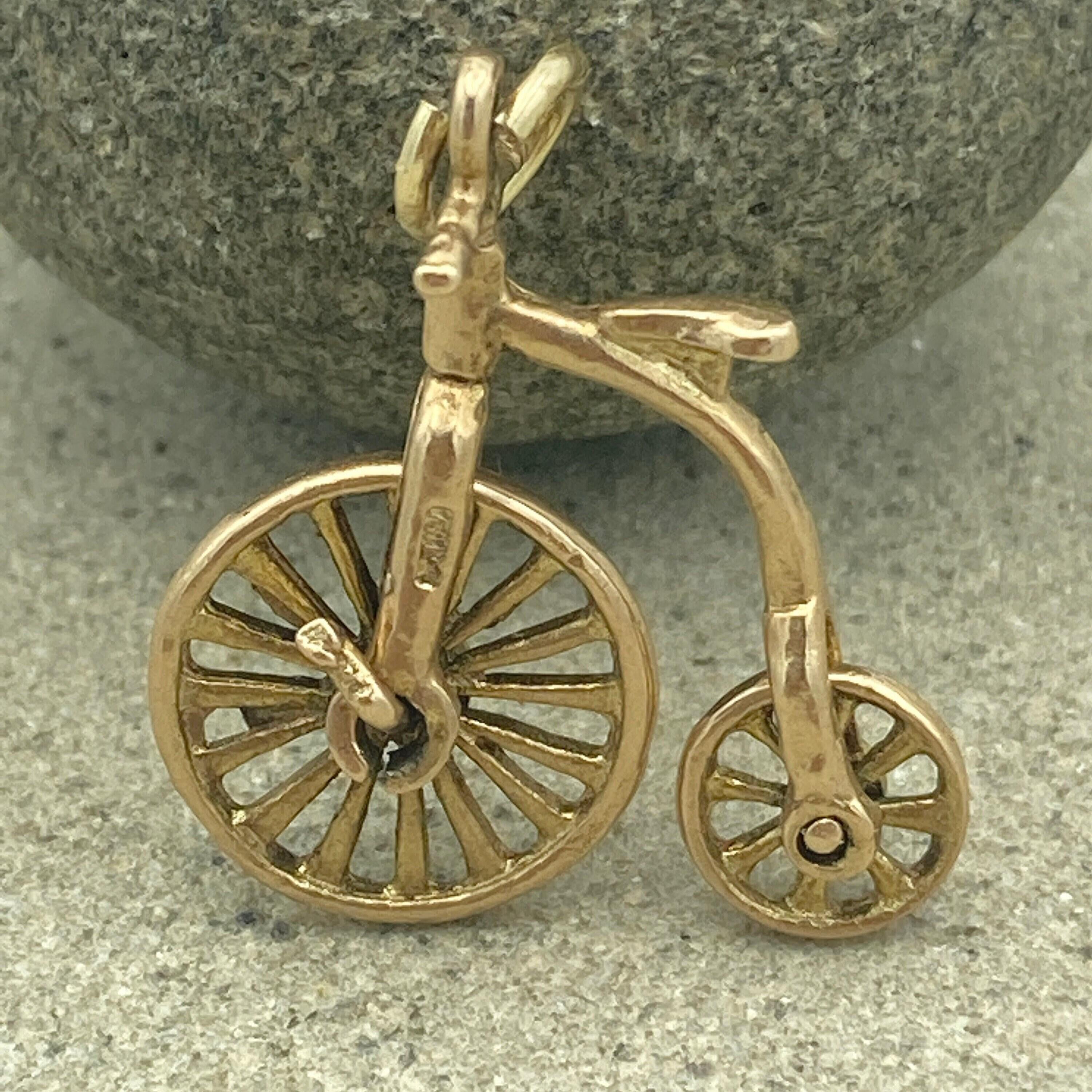 Vintage solid 9ct gold penny farthing bicycle charm / pendant hallmarked london 1963 9k gold 3d charm