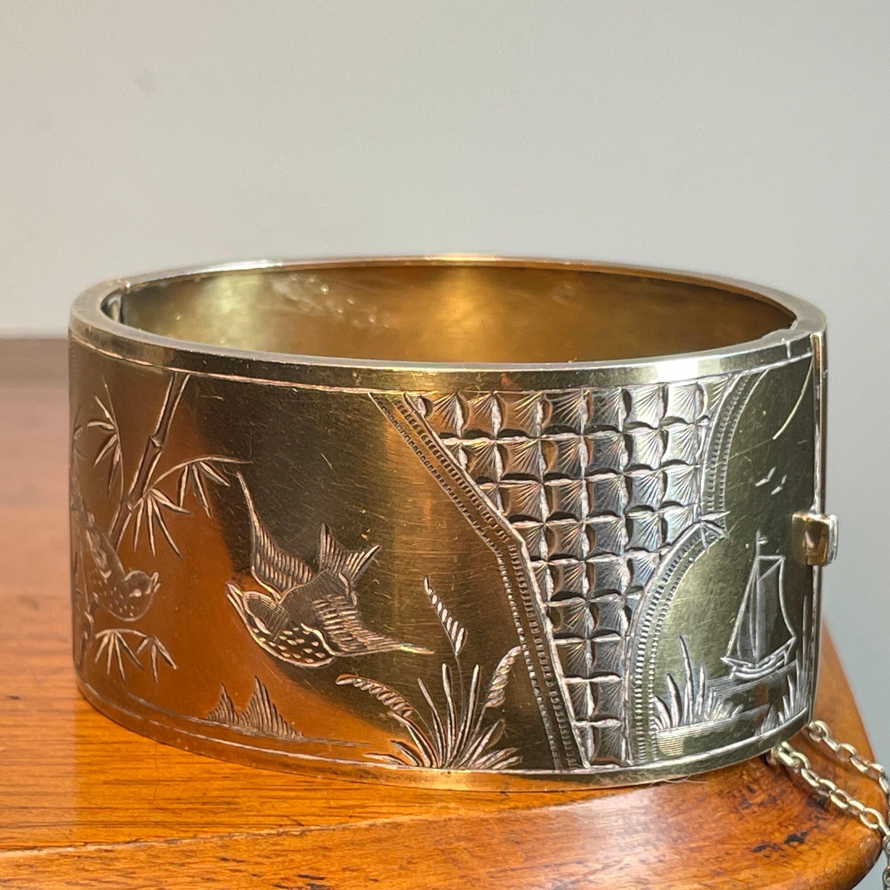 Victorian, Aesthetic Movement, Sterling Silver Gilt, Wide Cuff Bangle, Hallmarked 1886