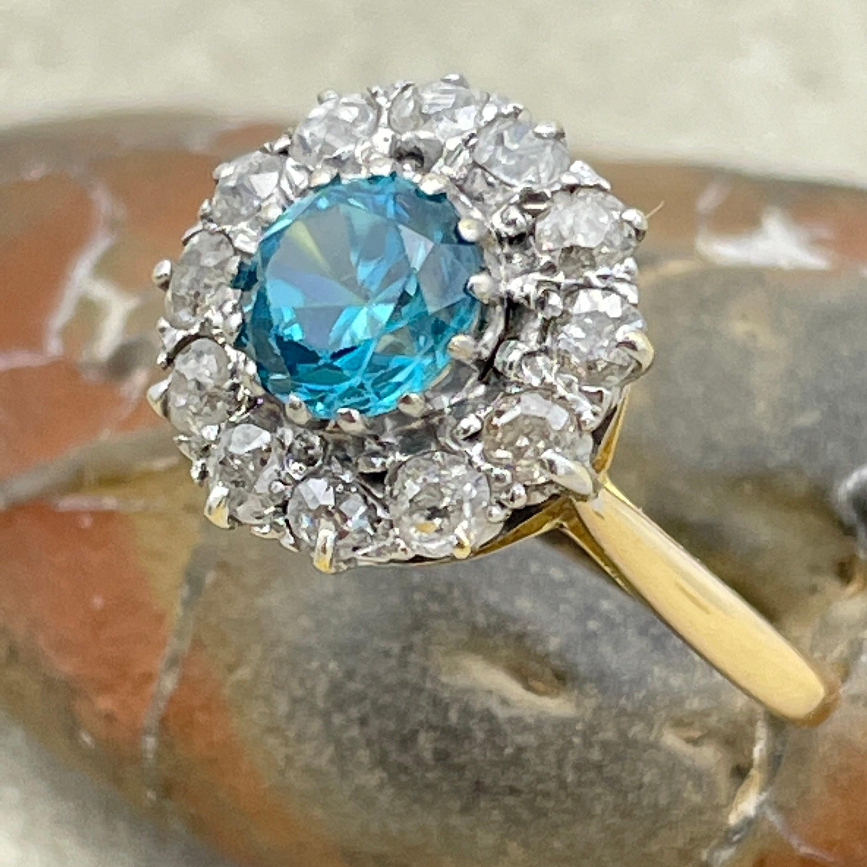 Antique 18ct Gold & Platinum, Blue Zircon, Old Cut Diamond Cluster Ring c1910