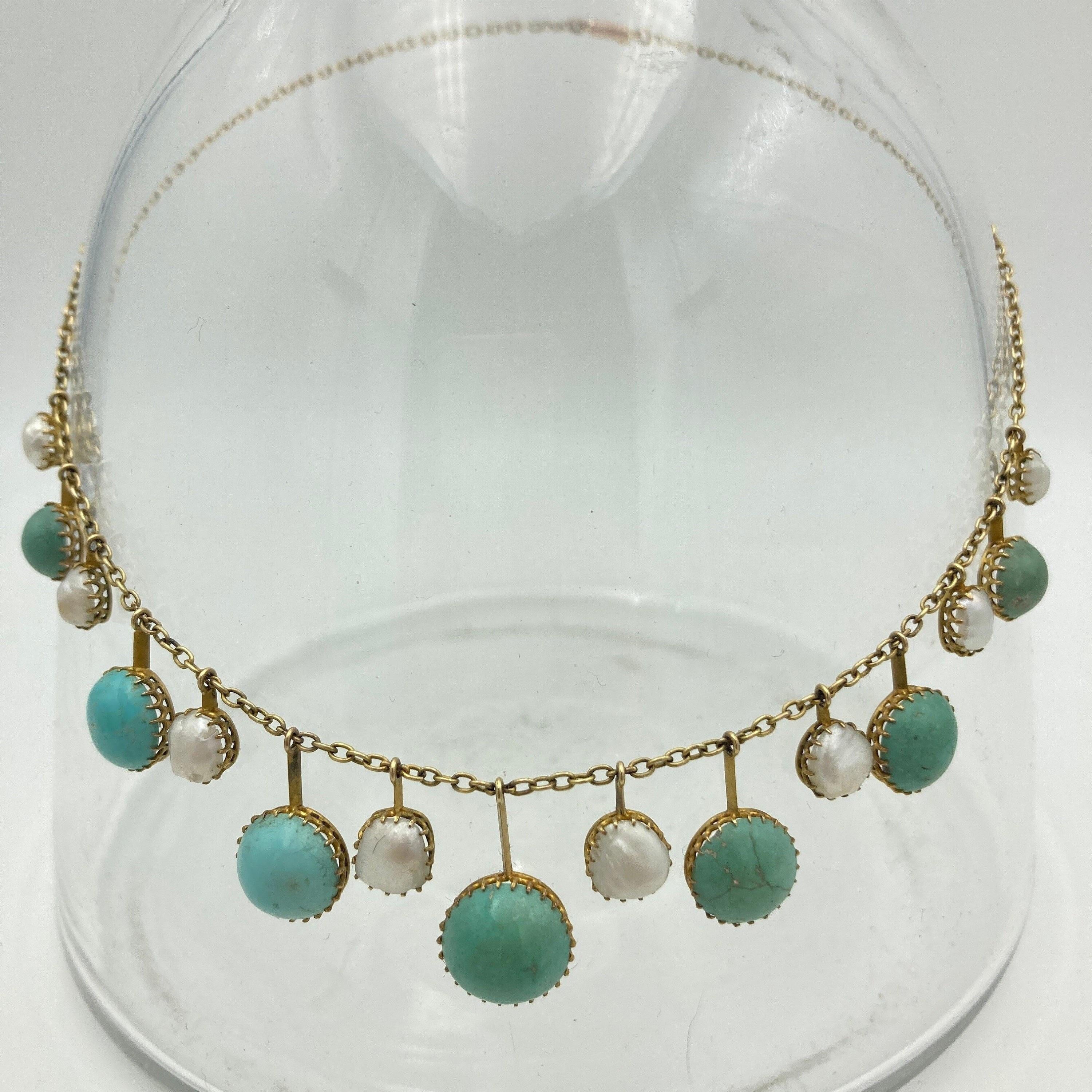 Edwardian 9ct gold arts & crafts fringe necklace, with baroque split pearls and natural turquoise