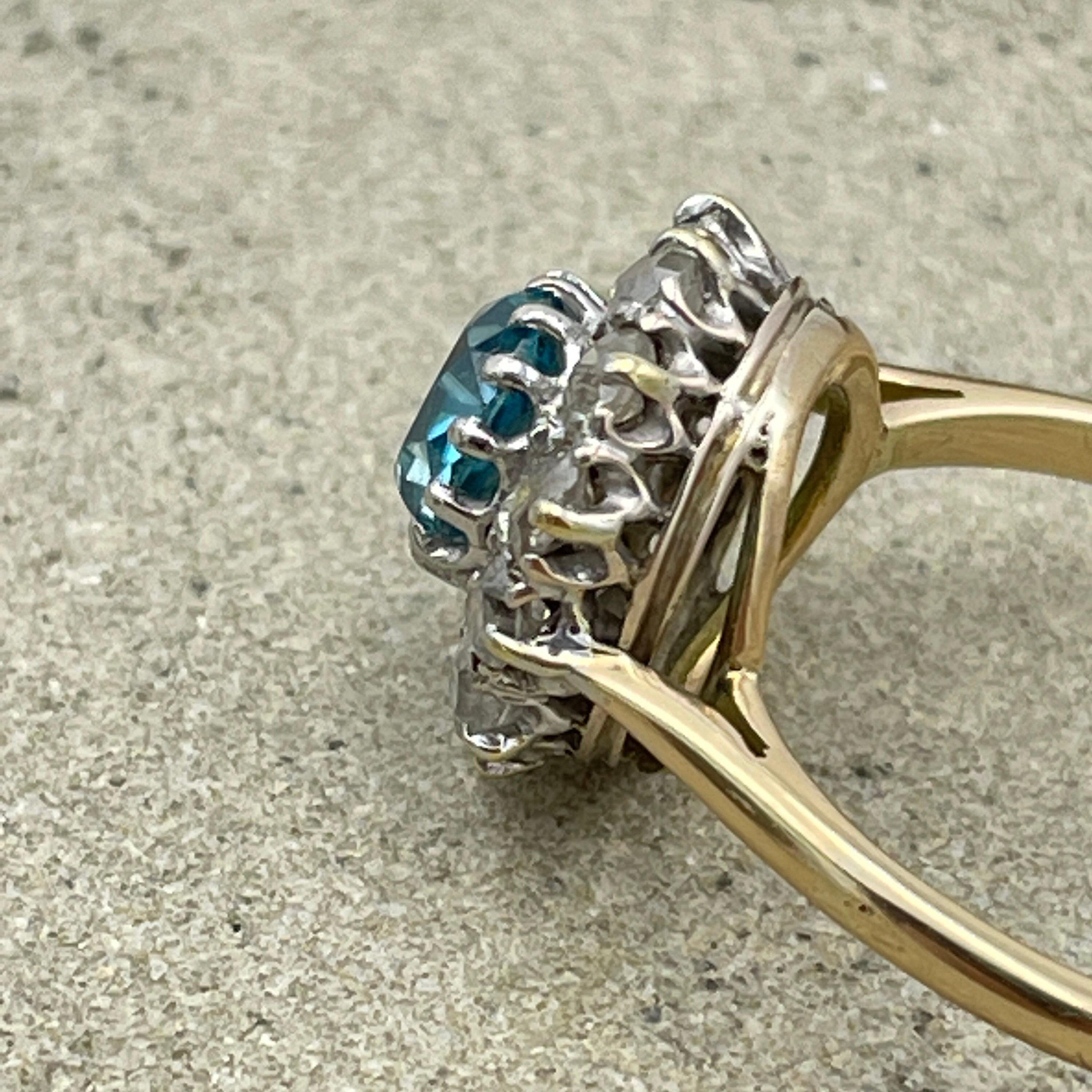 Antique 18ct Gold & Platinum, Blue Zircon, Old Cut Diamond Cluster Ring c1910