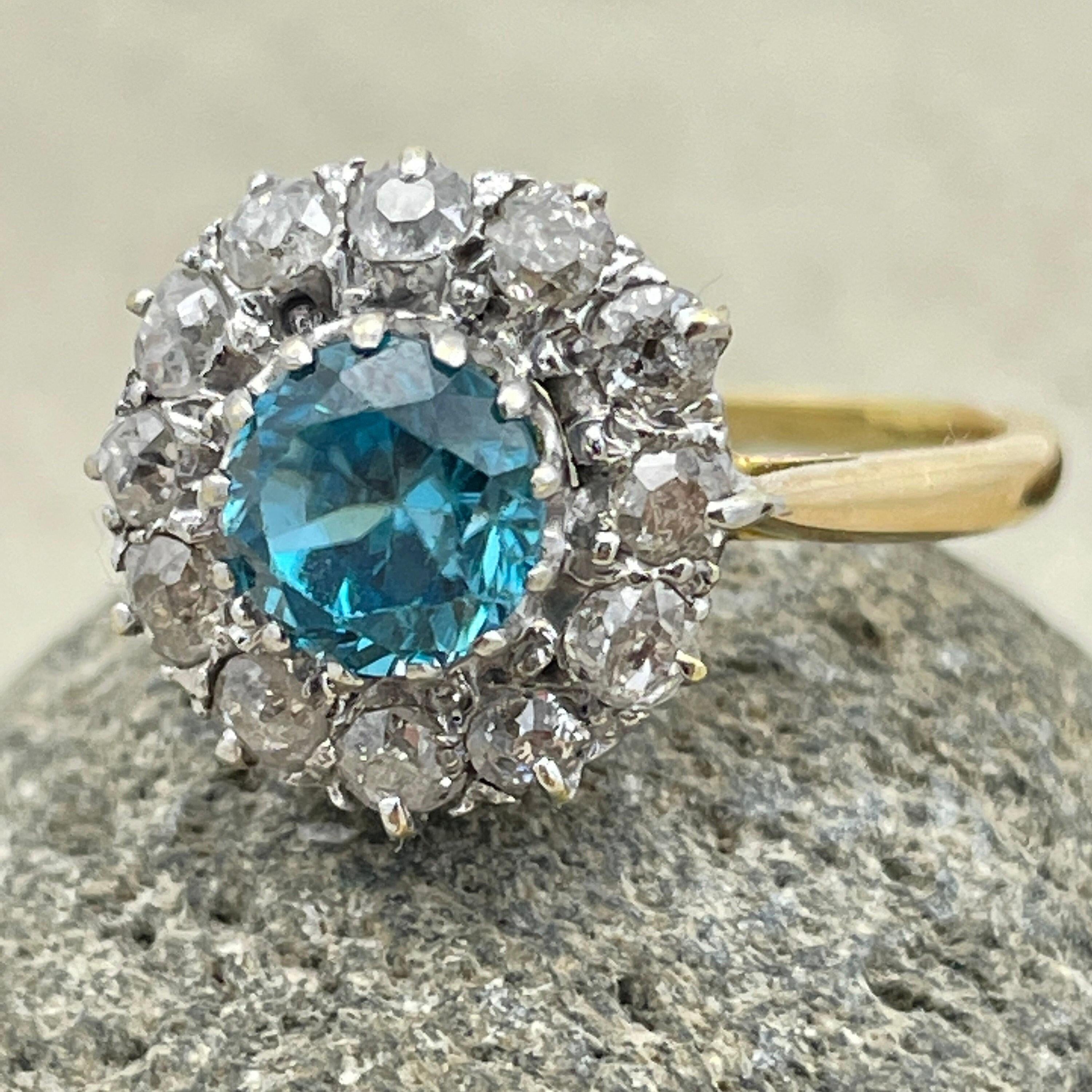 Antique 18ct Gold & Platinum, Blue Zircon, Old Cut Diamond Cluster Ring c1910