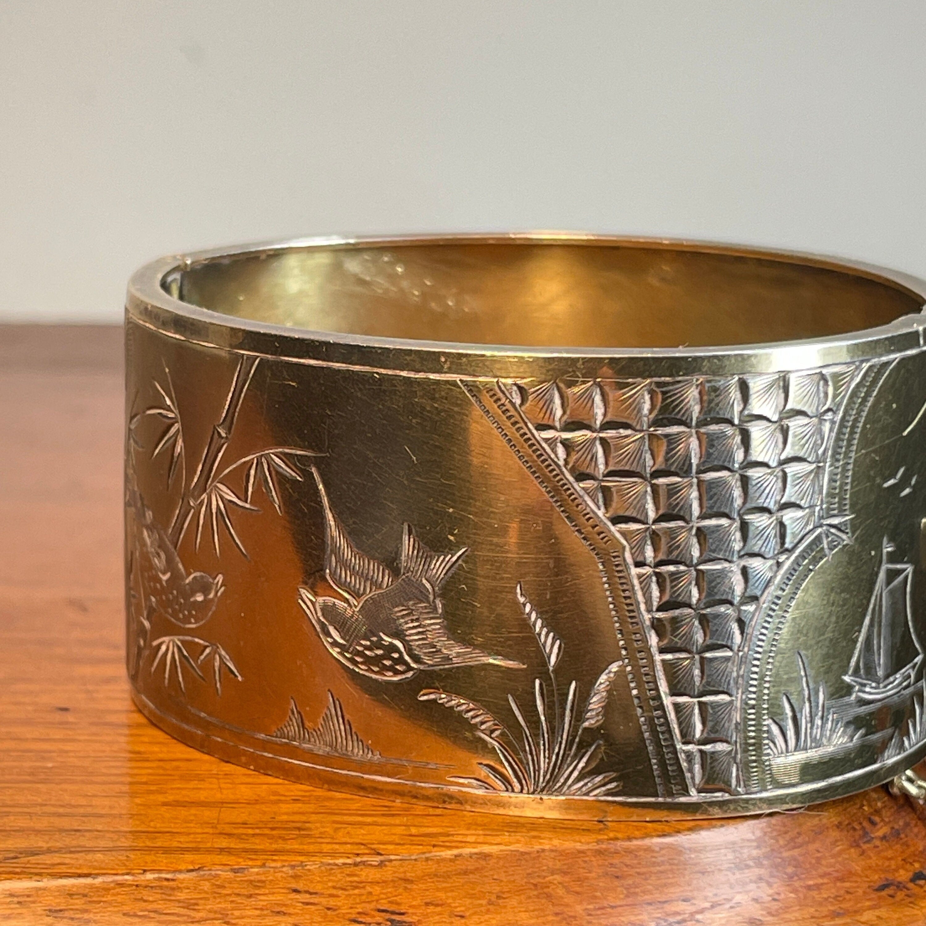 Victorian, Aesthetic Movement, Sterling Silver Gilt, Wide Cuff Bangle, Hallmarked 1886