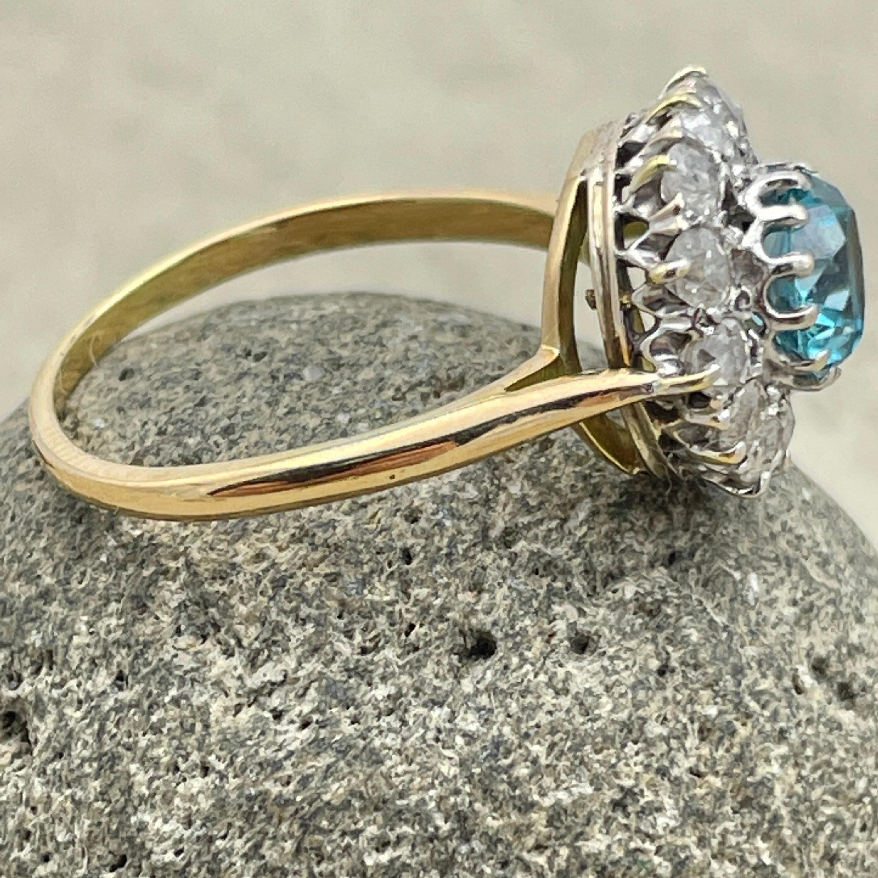 Antique 18ct Gold & Platinum, Blue Zircon, Old Cut Diamond Cluster Ring c1910