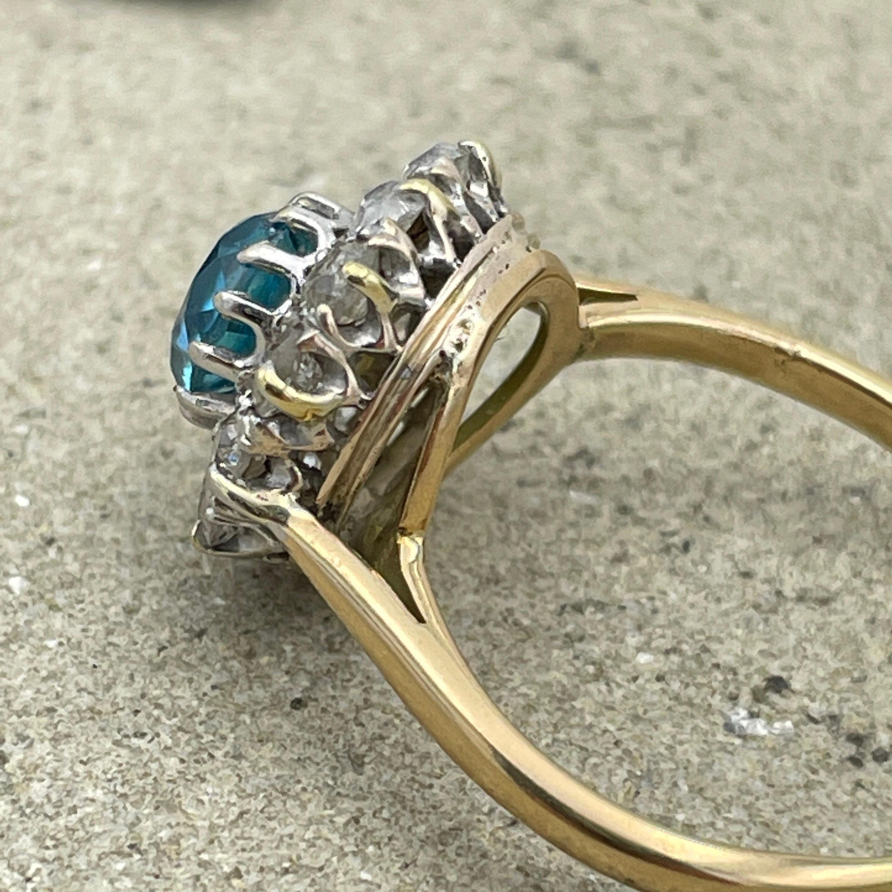 Antique 18ct Gold & Platinum, Blue Zircon, Old Cut Diamond Cluster Ring c1910