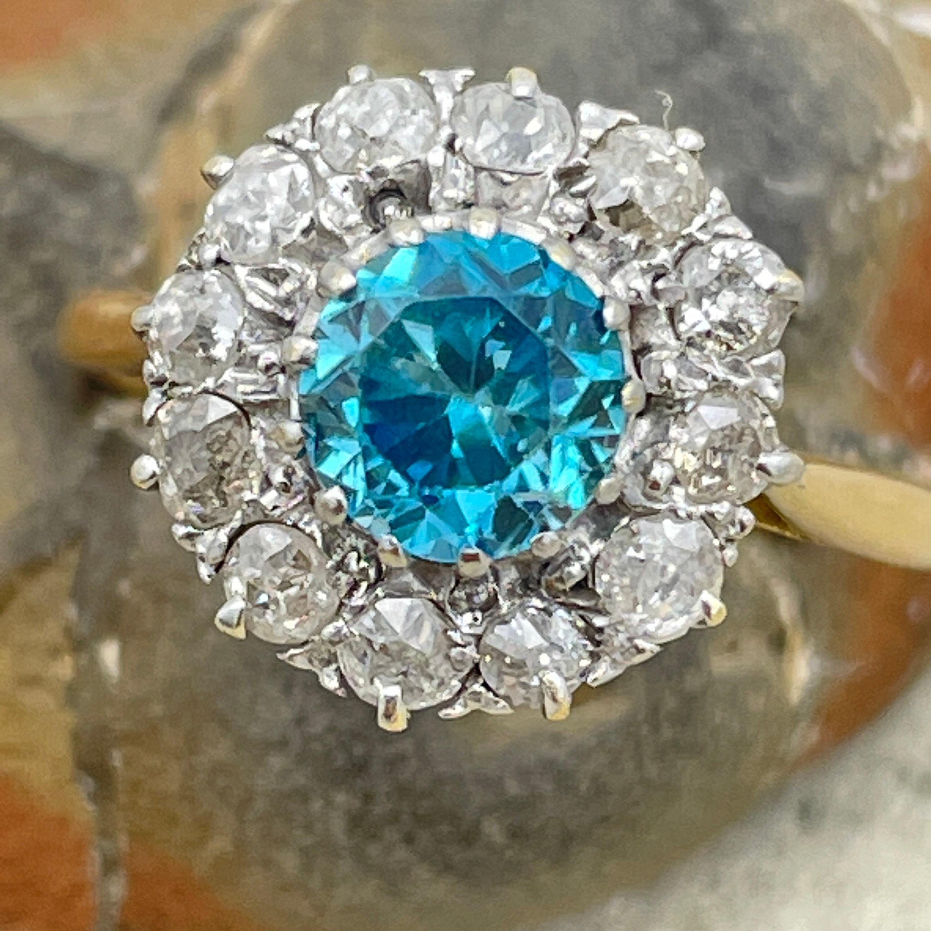 Antique 18ct Gold & Platinum, Blue Zircon, Old Cut Diamond Cluster Ring c1910