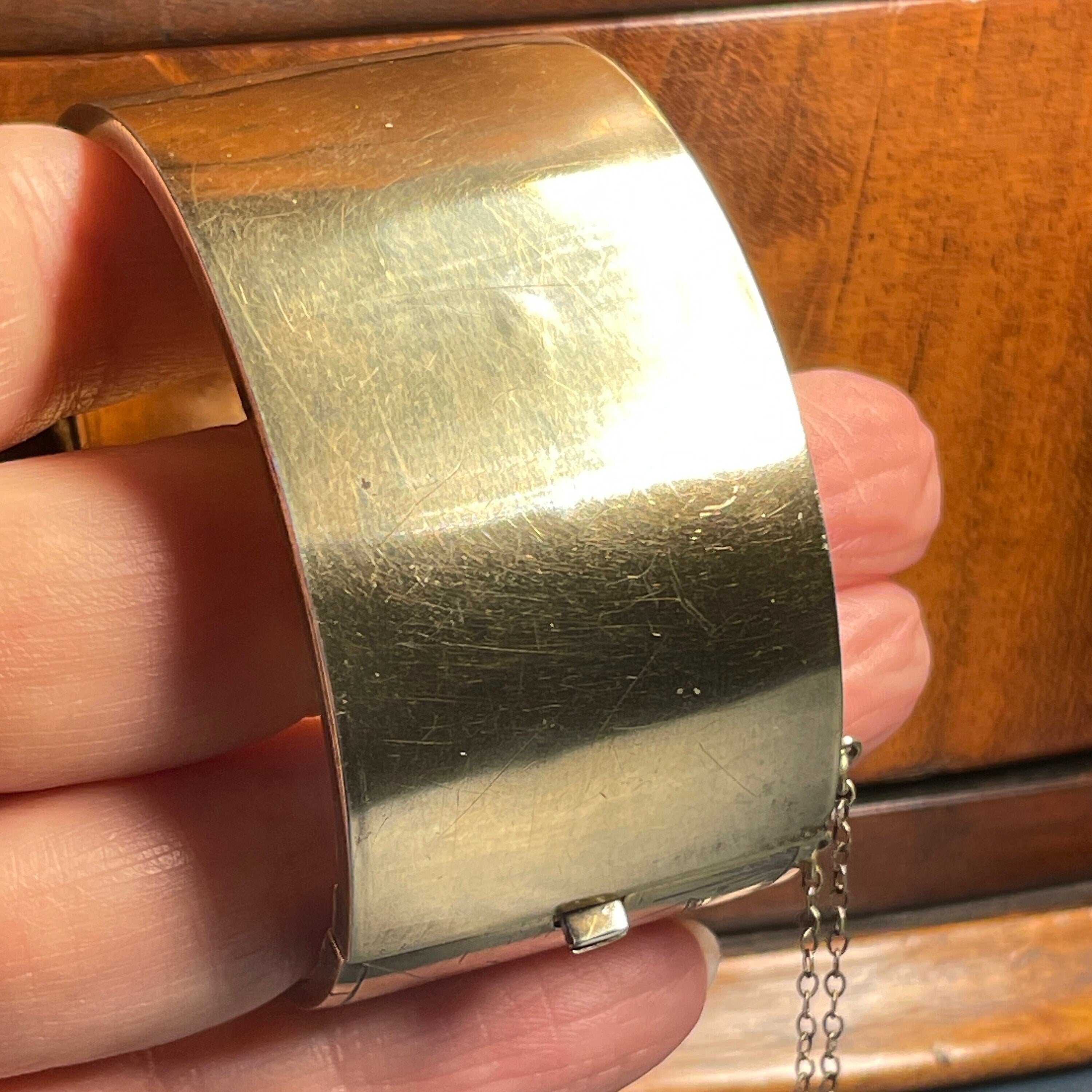 Victorian, Aesthetic Movement, Sterling Silver Gilt, Wide Cuff Bangle, Hallmarked 1886