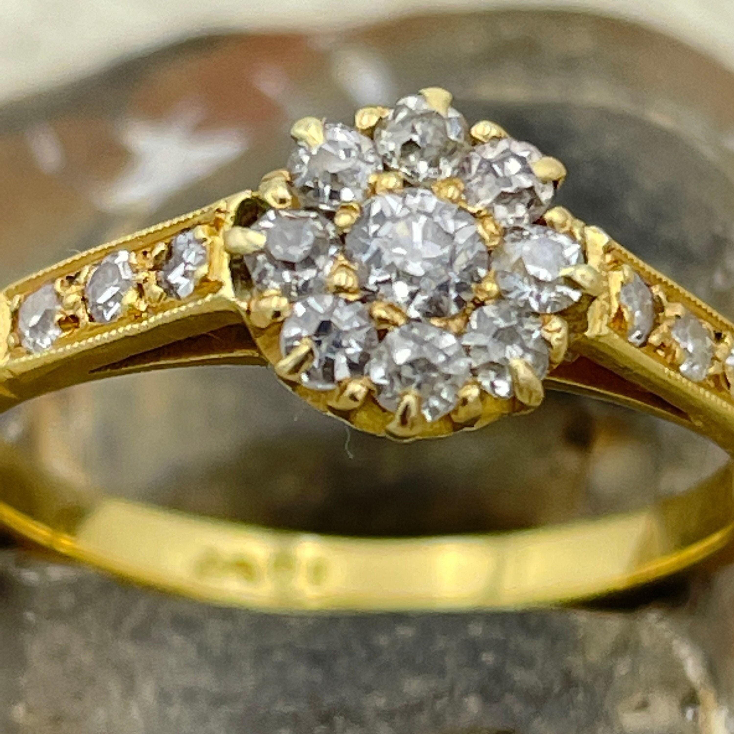 Antique 18ct gold old cut diamond cluster ring, diamond shoulders, c1910