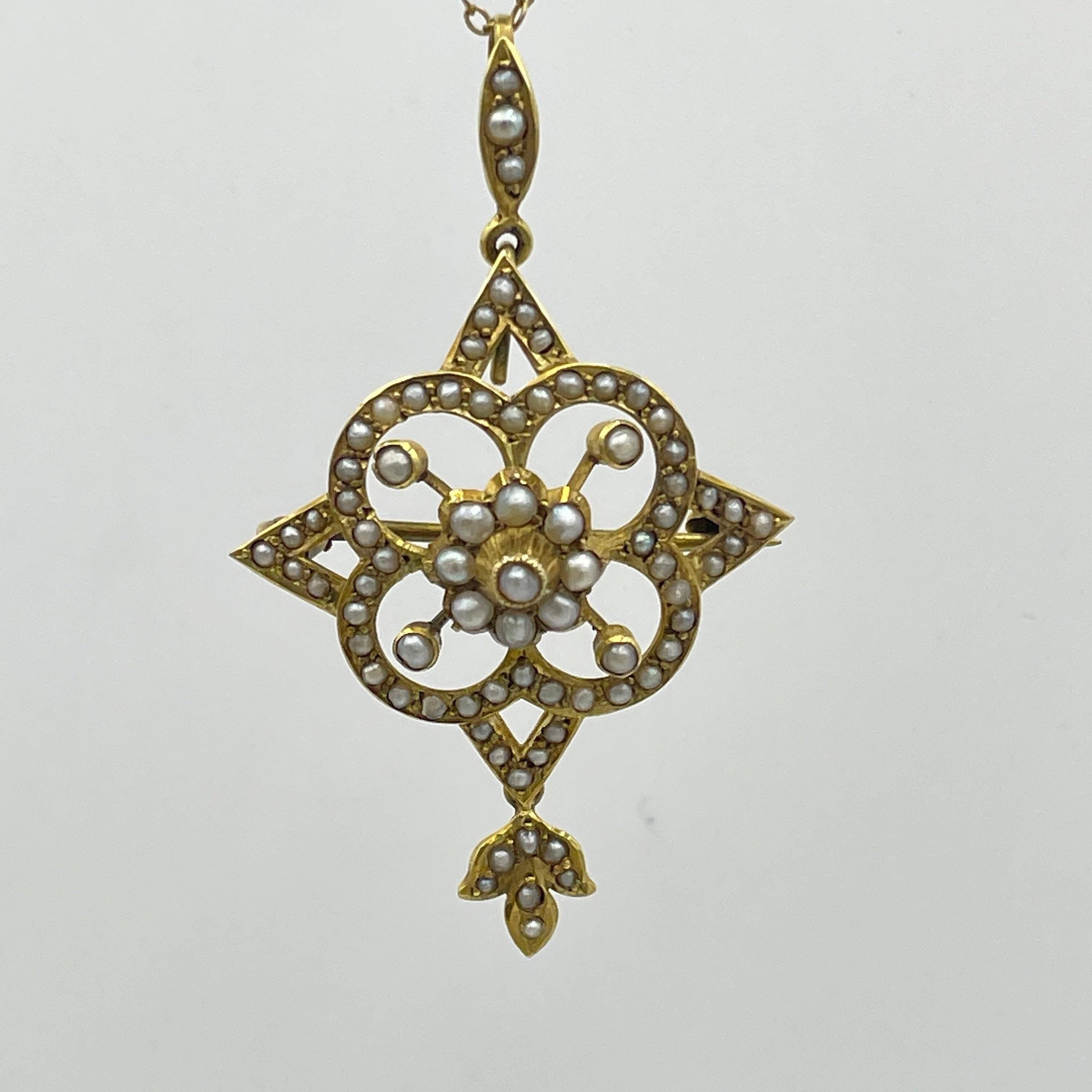 Edwardian 9ct gold seed pearl pendant on chain