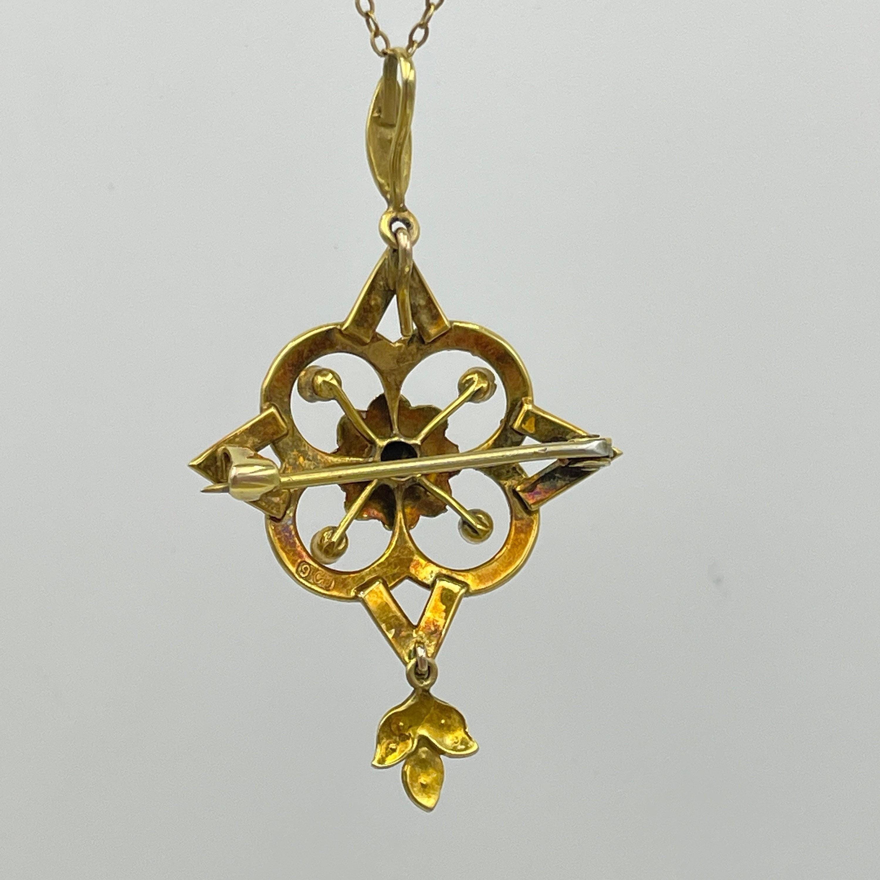 Edwardian 9ct gold seed pearl pendant on chain