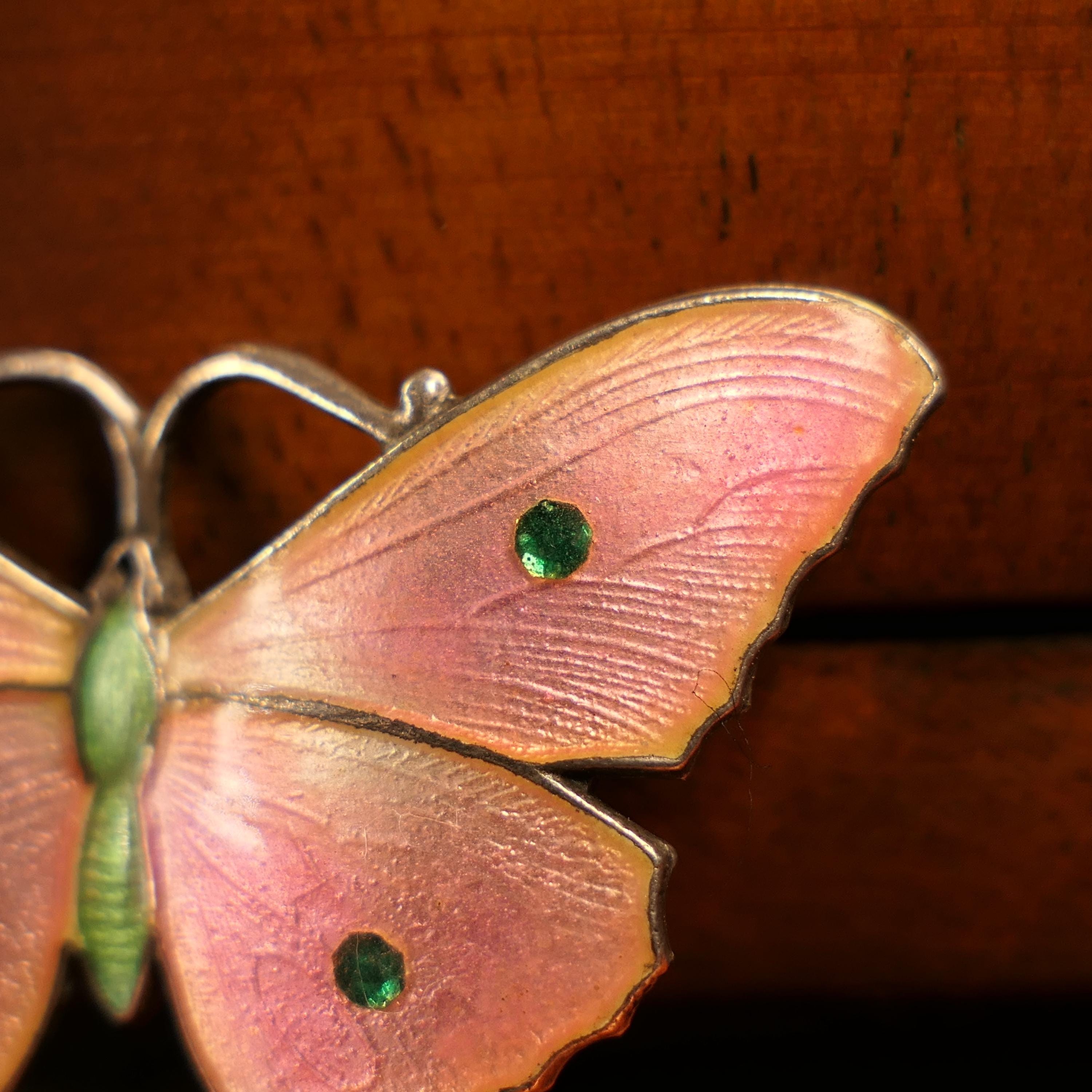 Art Nouveau, Pink Enamel, Sterling Silver, Butterfly Brooch By John Atkin & Sons