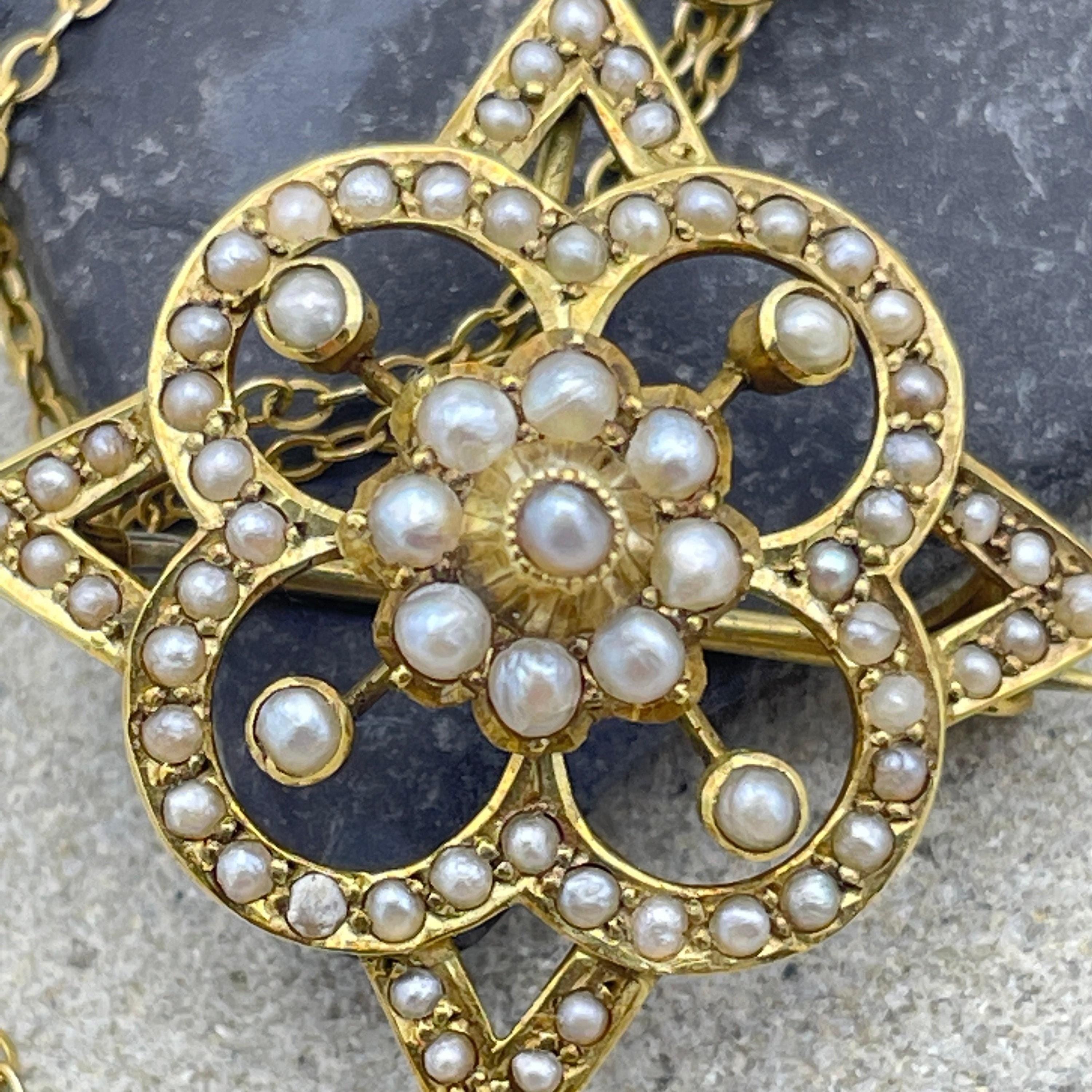 Edwardian 9ct gold seed pearl pendant on chain