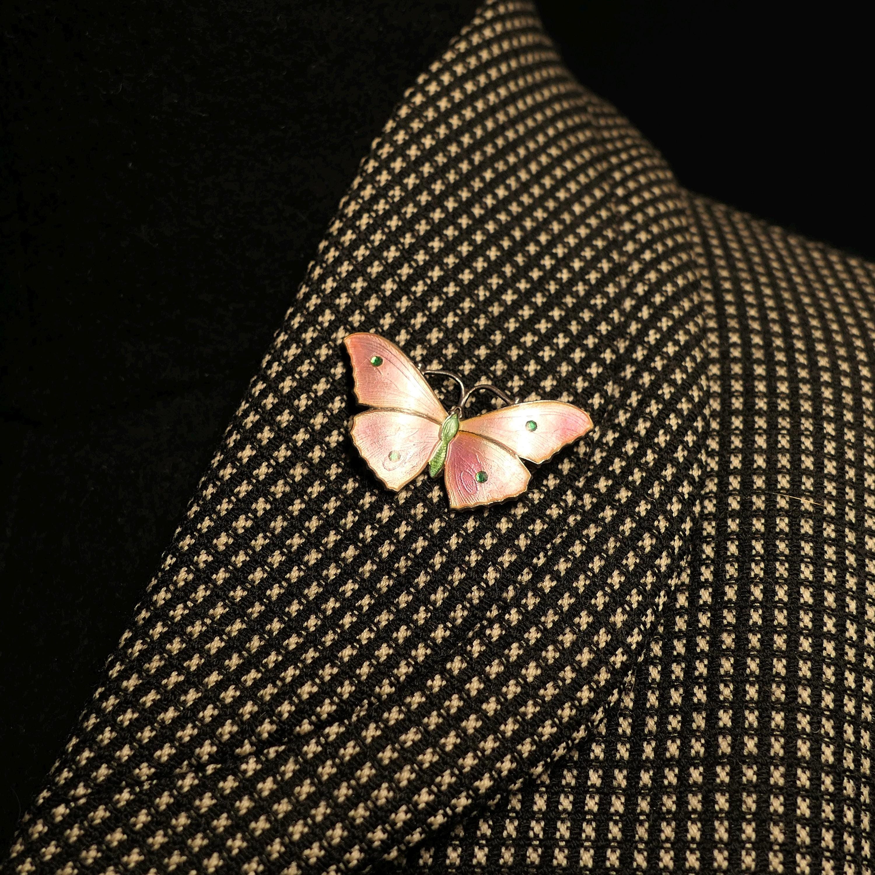 Art Nouveau, Pink Enamel, Sterling Silver, Butterfly Brooch By John Atkin & Sons