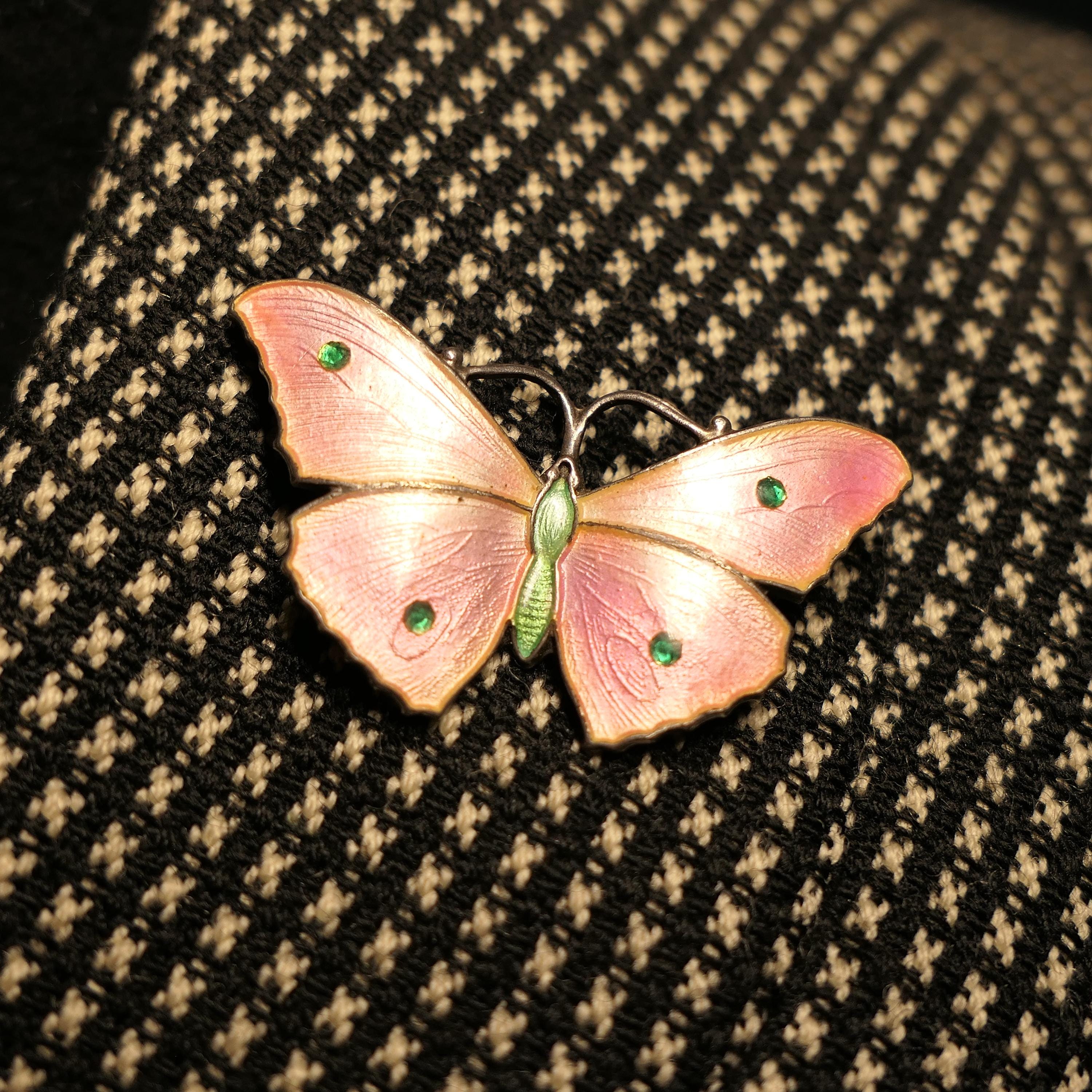 Art Nouveau, Pink Enamel, Sterling Silver, Butterfly Brooch By John Atkin & Sons