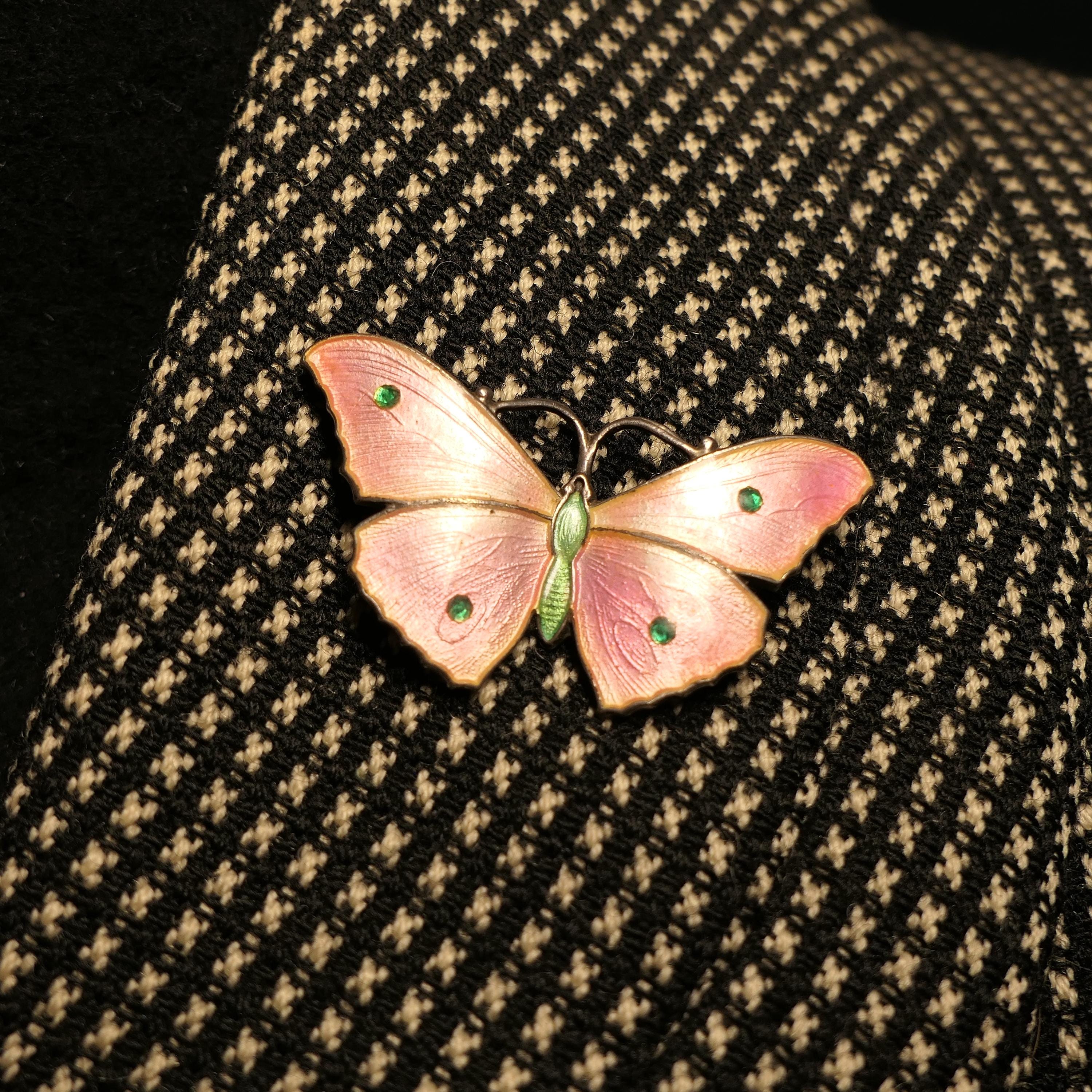 Art Nouveau, Pink Enamel, Sterling Silver, Butterfly Brooch By John Atkin & Sons