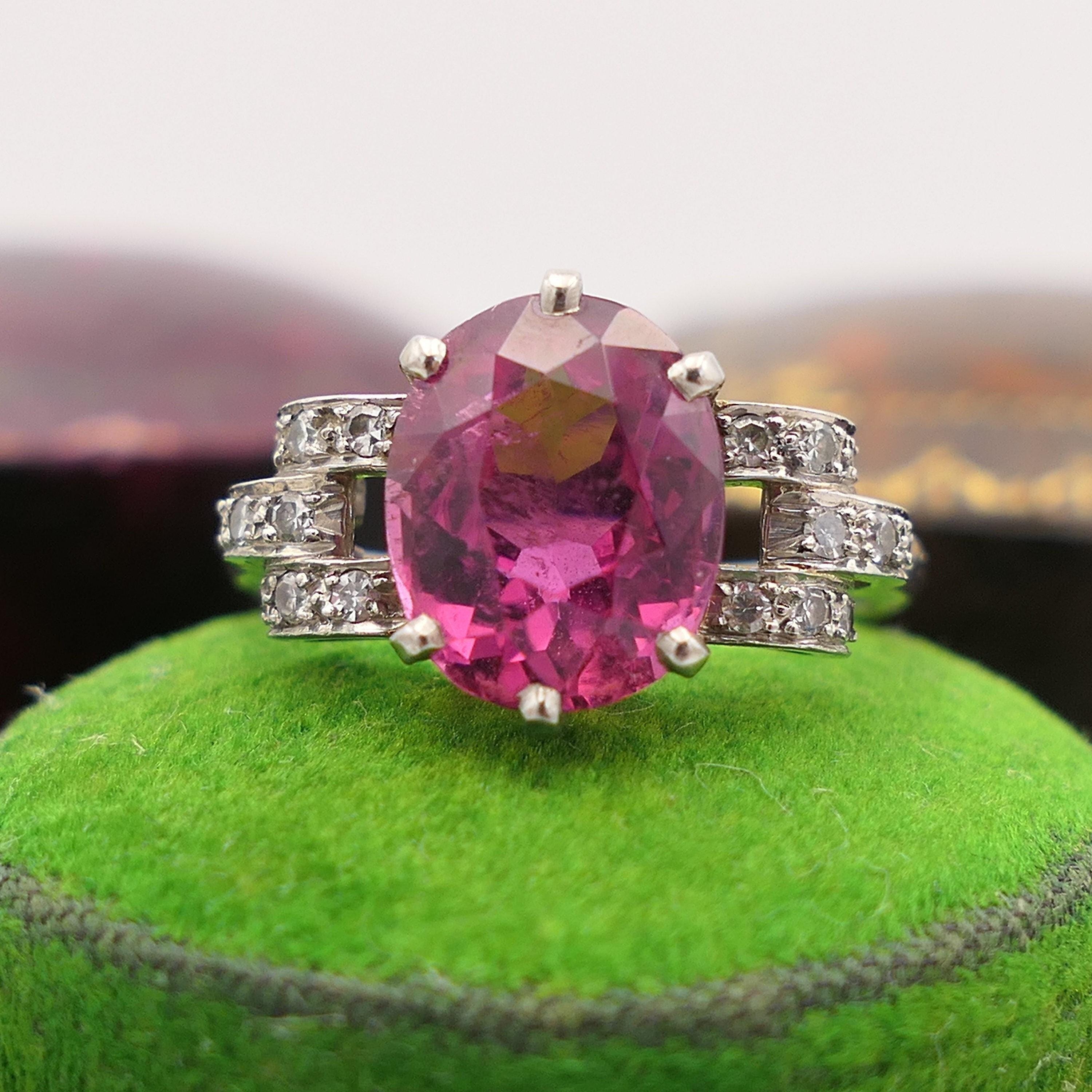 1930's Art Deco, Palladium, Rubellite Tourmaline & Diamond Dress Ring