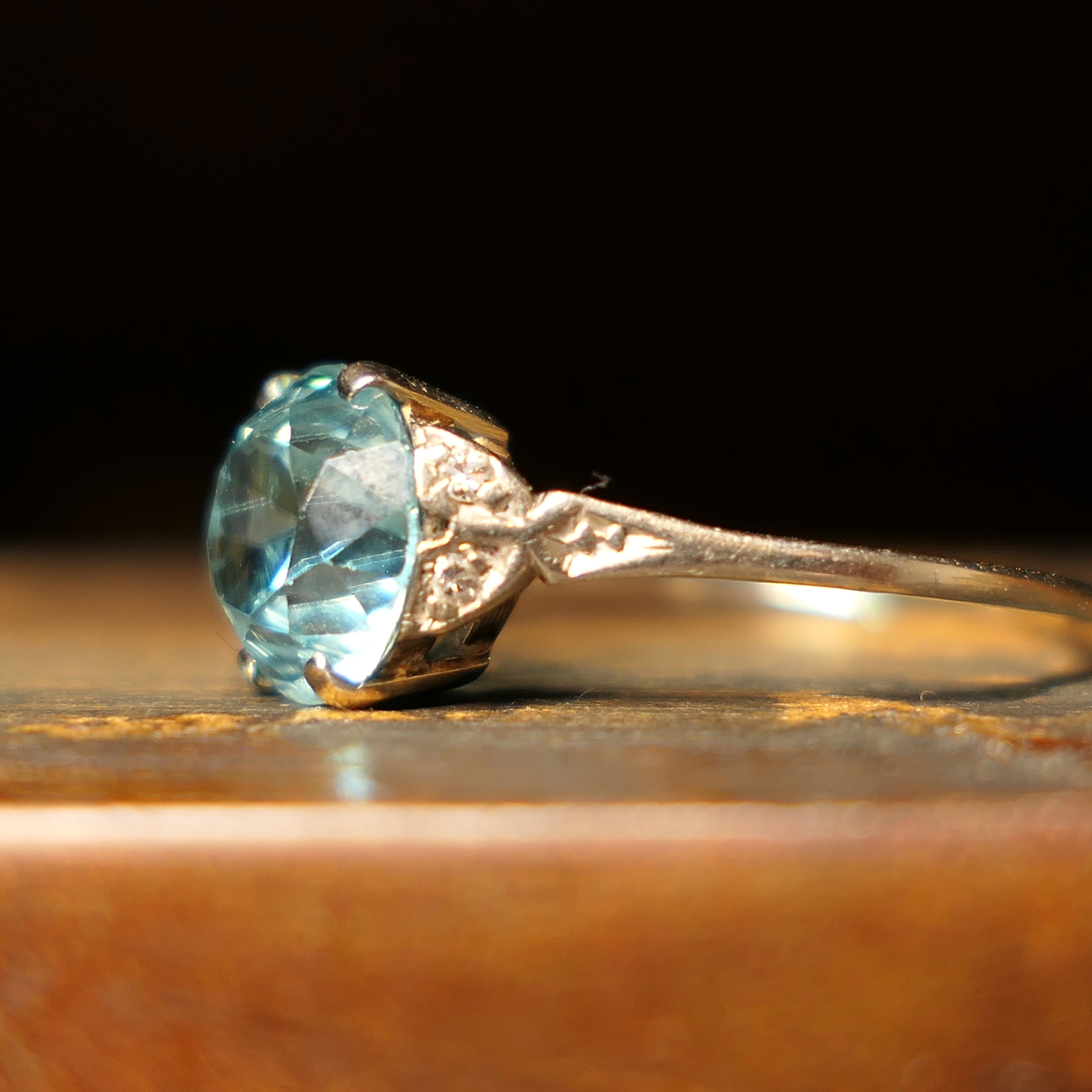 Original Art Deco, Blue Zircon, Solitaire Ring, With Diamond Set Shoulders, c1930s