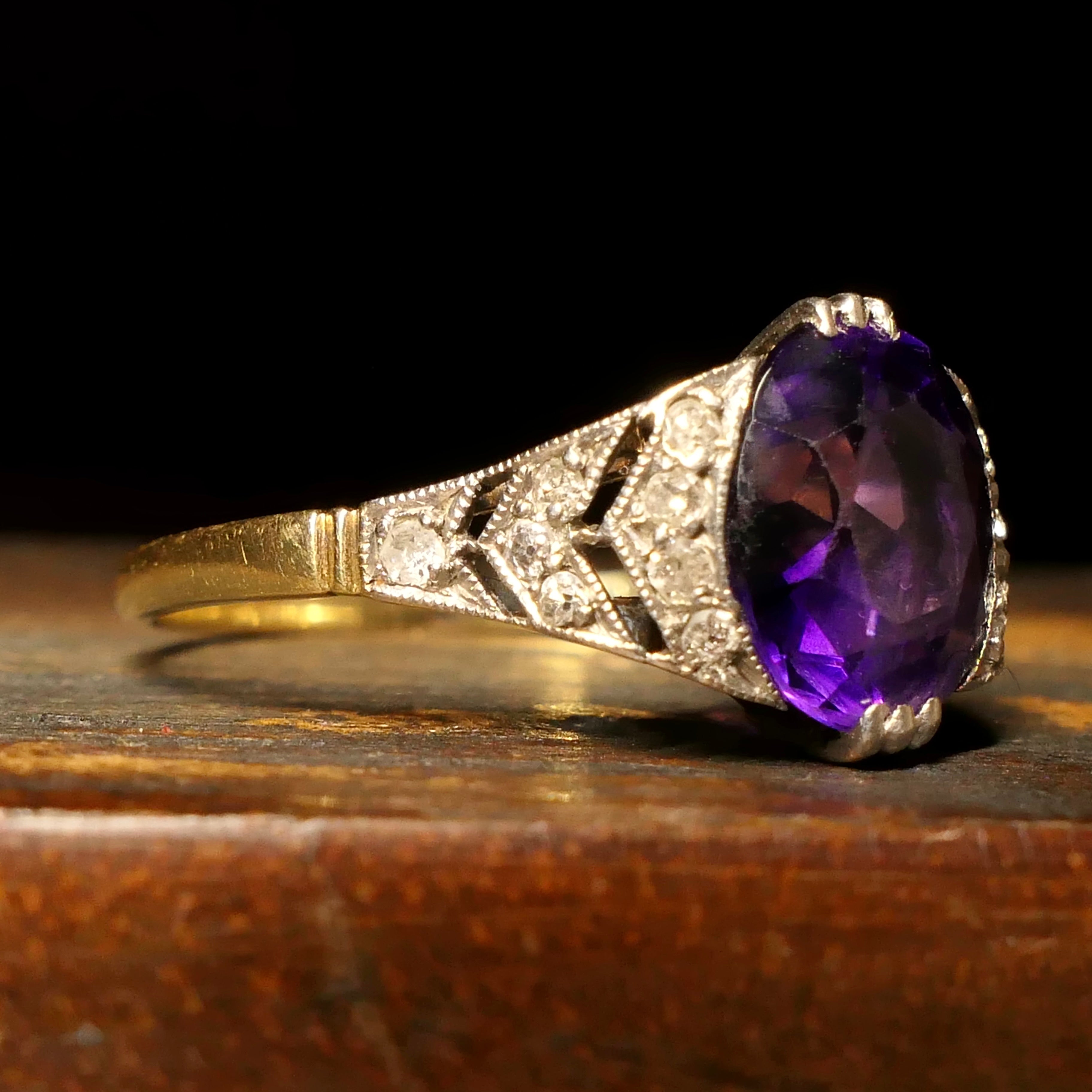 Original Art Deco, 18ct Gold & Platinum, Amethyst Solitaire Ring