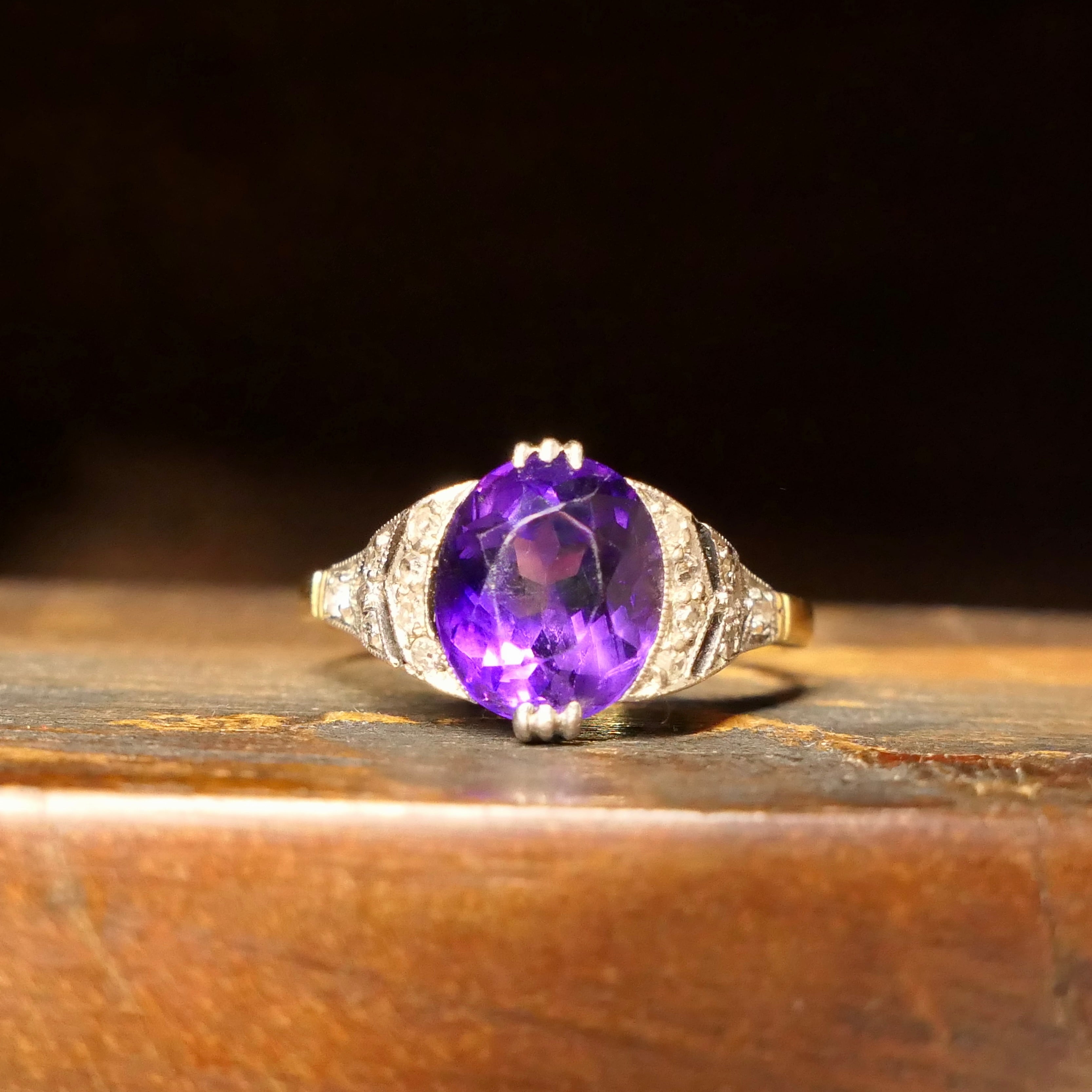 Original Art Deco, 18ct Gold & Platinum, Amethyst Solitaire Ring