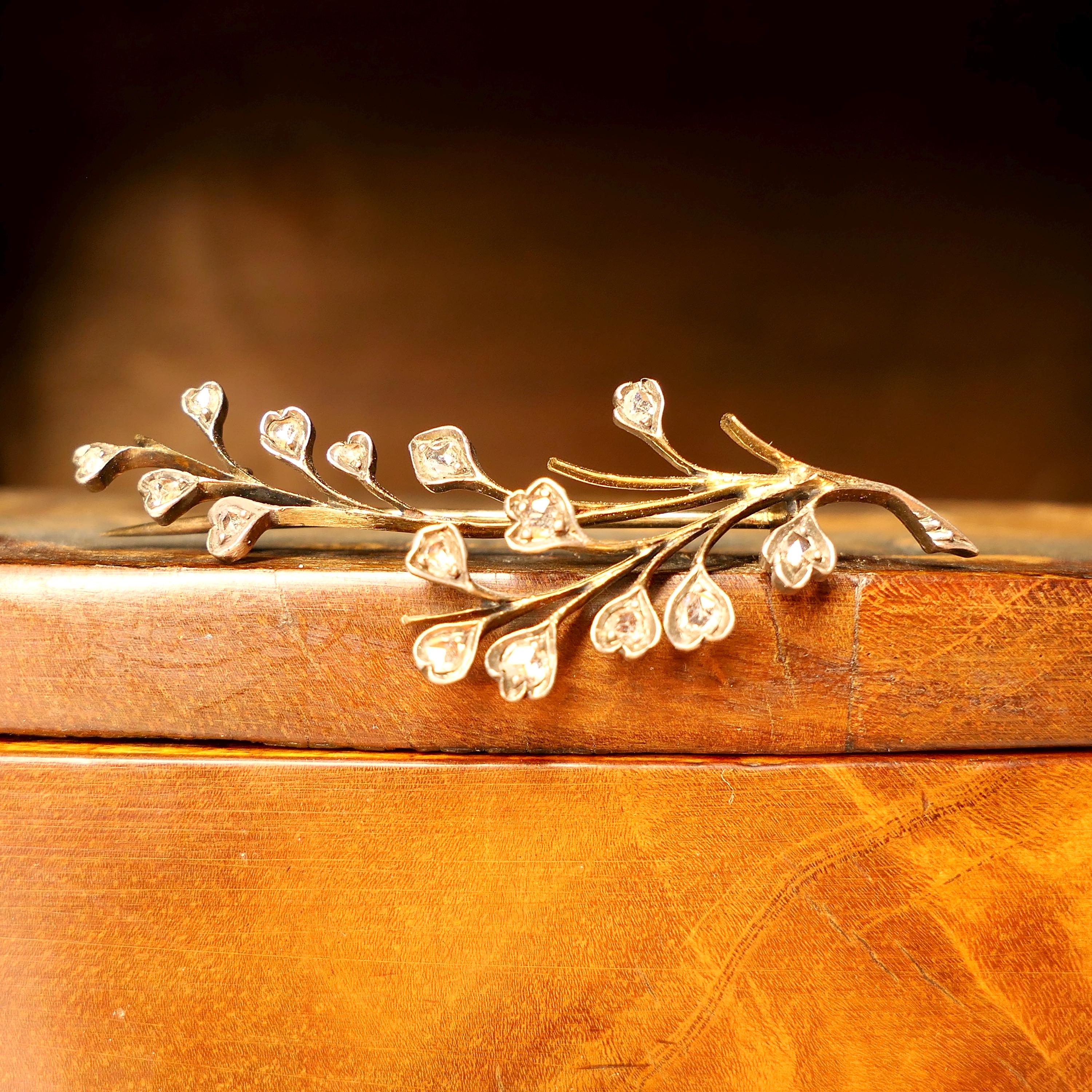 Victorian, Gold & Silver Rose Cut Diamond, Floral Spray Brooch