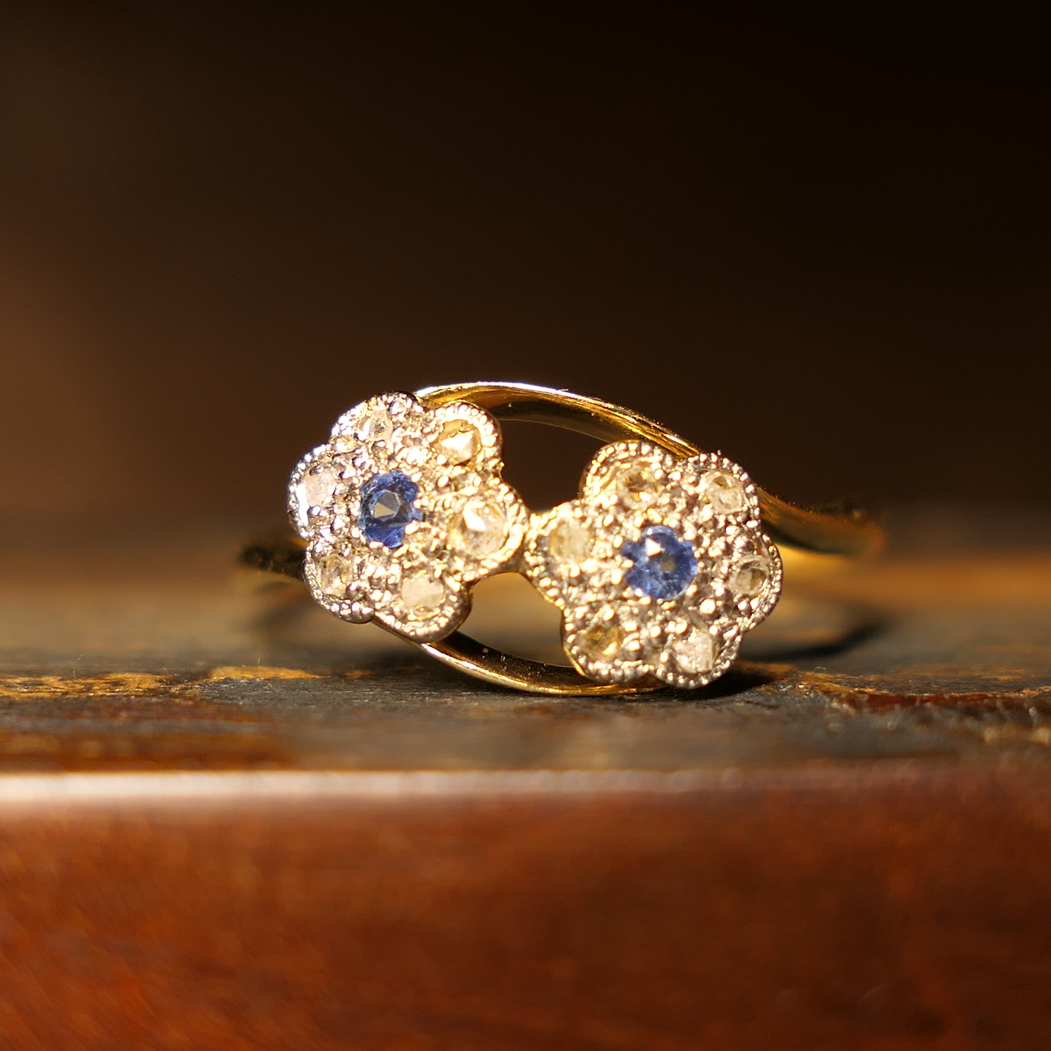 Antique 18ct Gold & Platinum, Diamond & Sapphire , Double Daisy, Cluster Ring