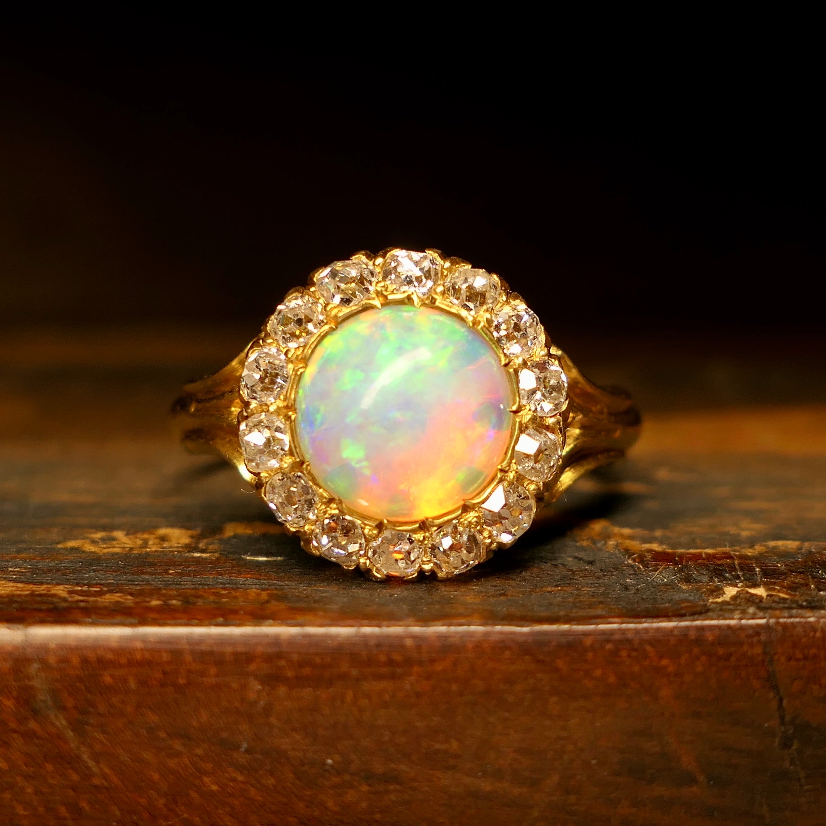 Antique, Opal & Old Cut Diamond, 18ct Gold, Cluster Ring