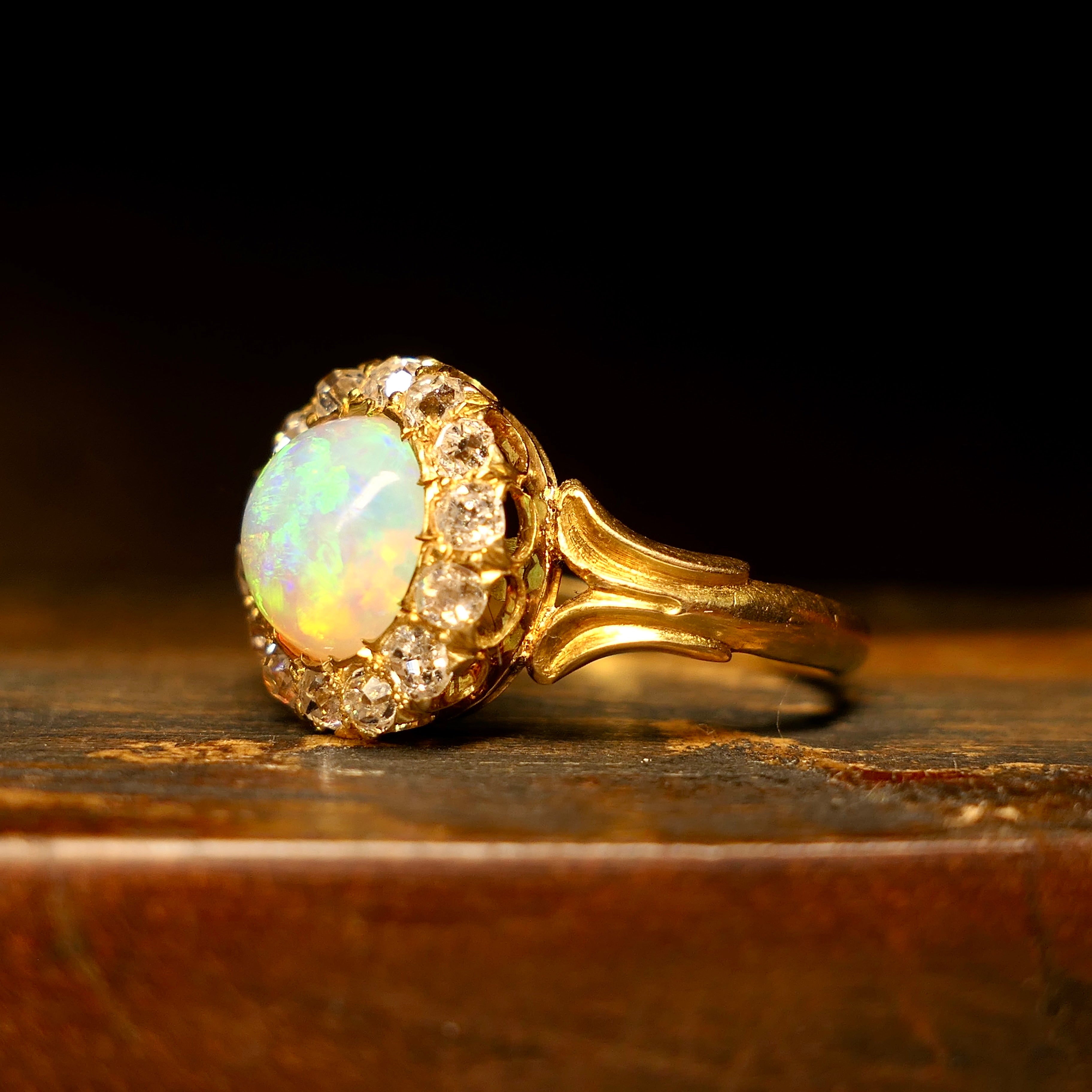 Antique, Opal & Old Cut Diamond, 18ct Gold, Cluster Ring