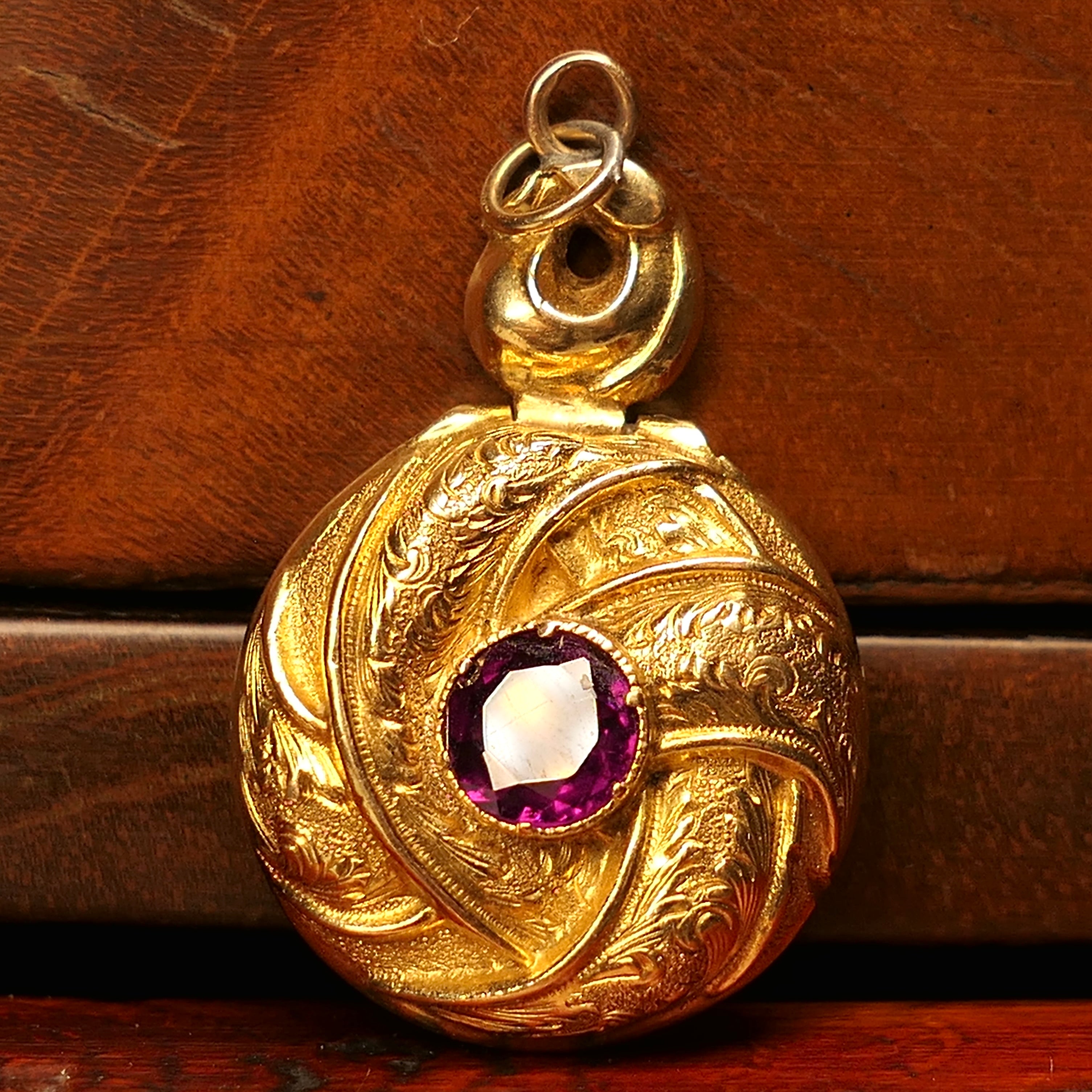 Victorian 18ct Gold & Rhodolite Garnet, Glazed Reverse Locket, Pendant