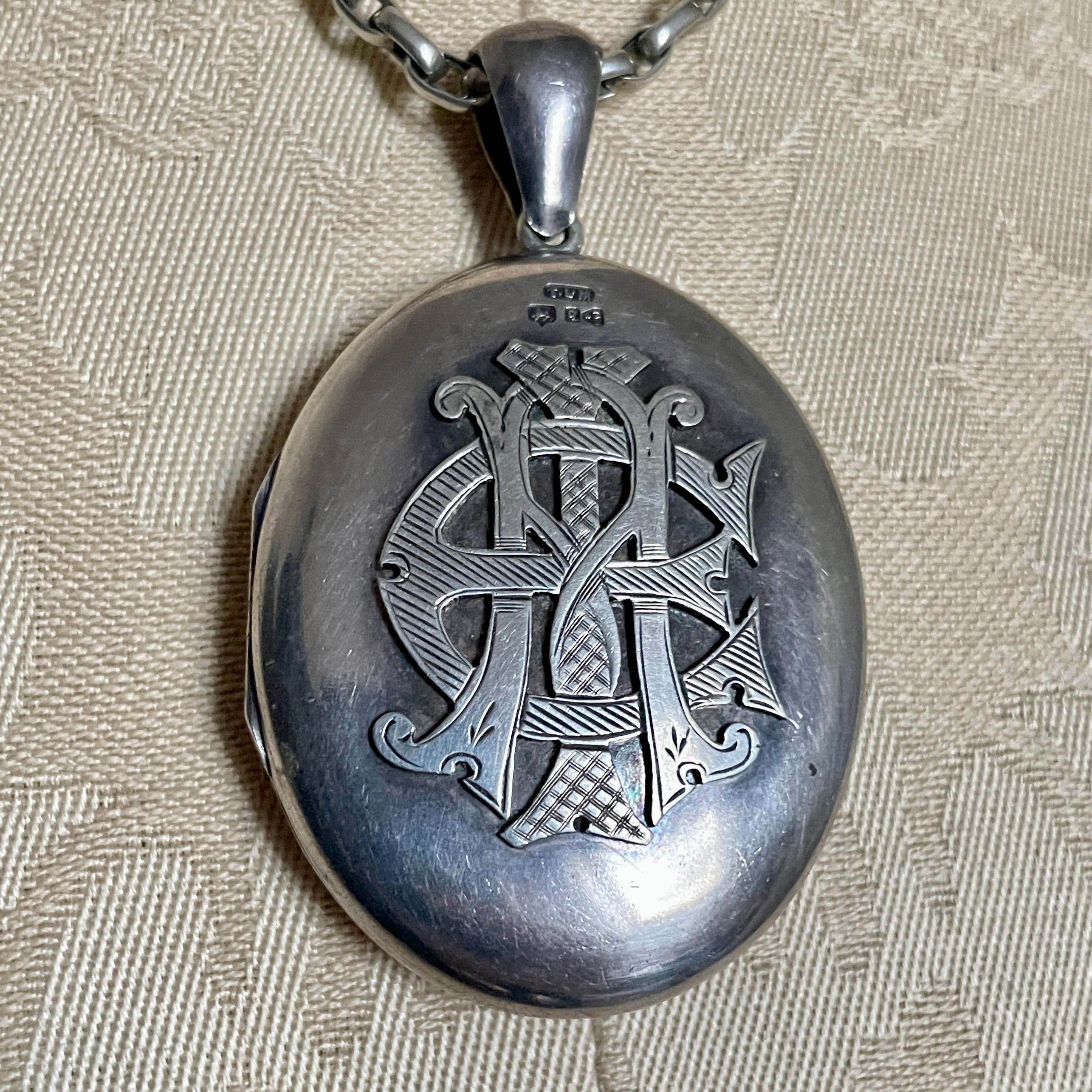 Victorian, Large Sterling Silver Locket, With Hand Engraved Monogram, Hallmarked In 1879