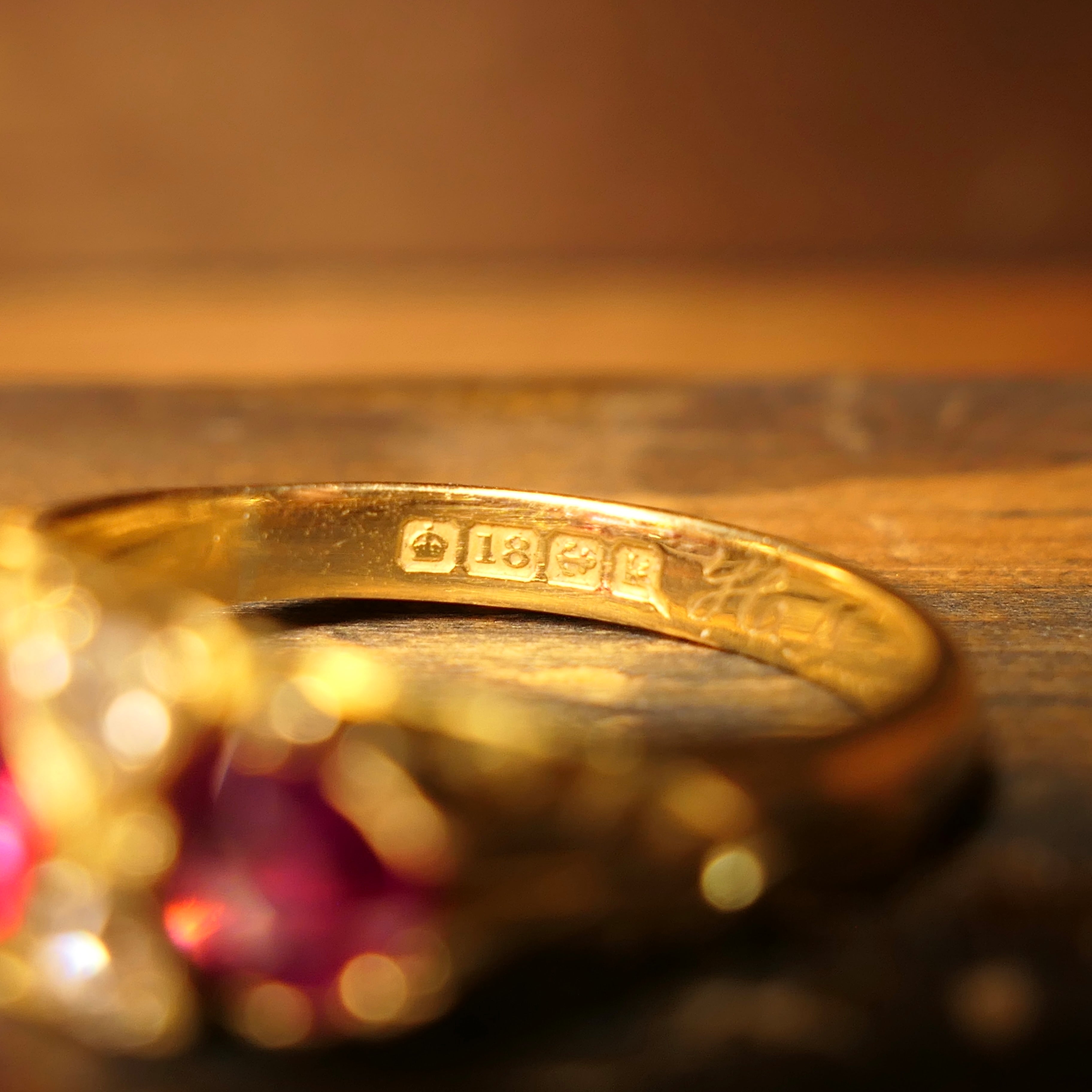 Edwardian 18ct Gold, Synthetic Ruby & Old Cut Diamond Half Hoop Ring, Hallmarked in 1909