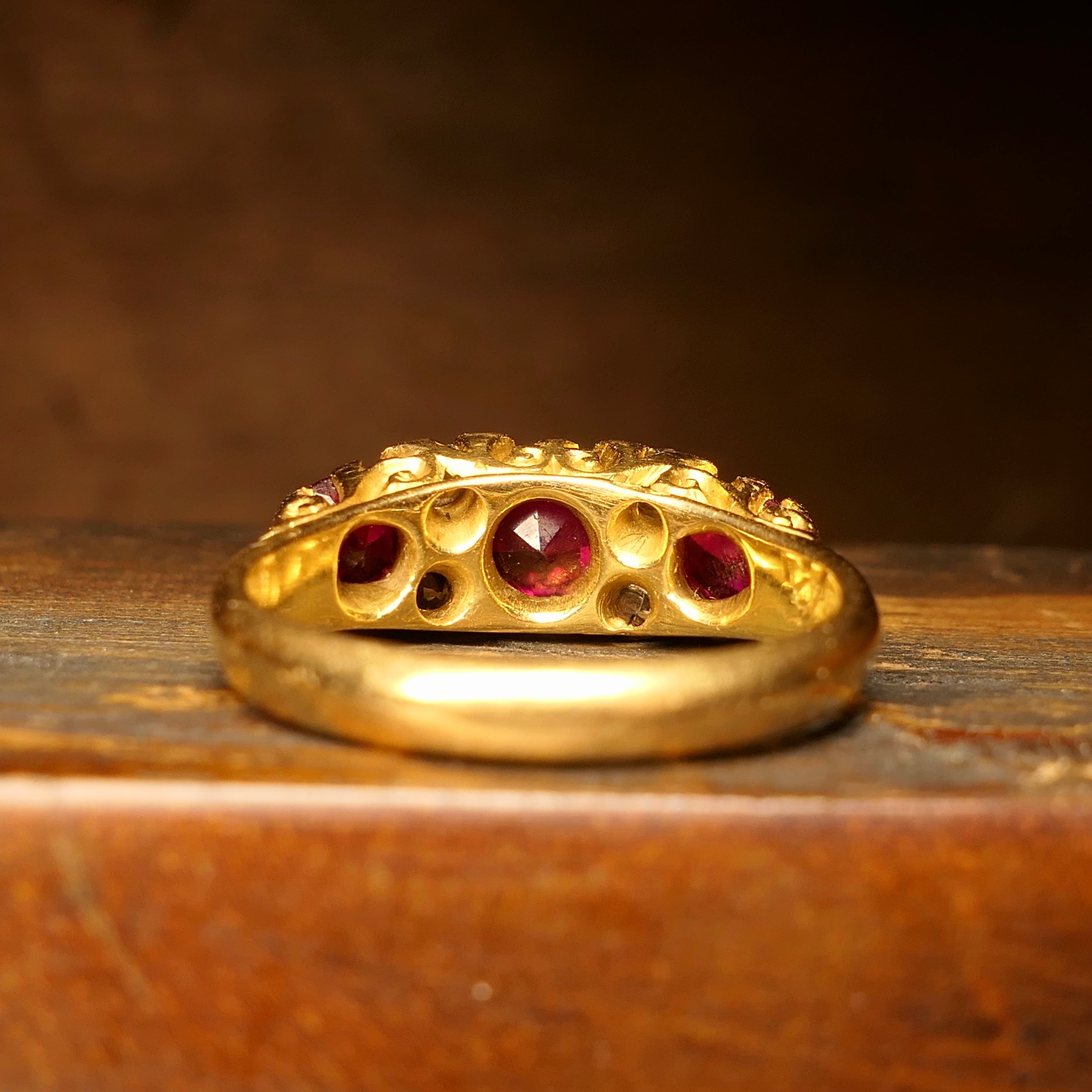 Edwardian 18ct Gold, Synthetic Ruby & Old Cut Diamond Half Hoop Ring, Hallmarked in 1909