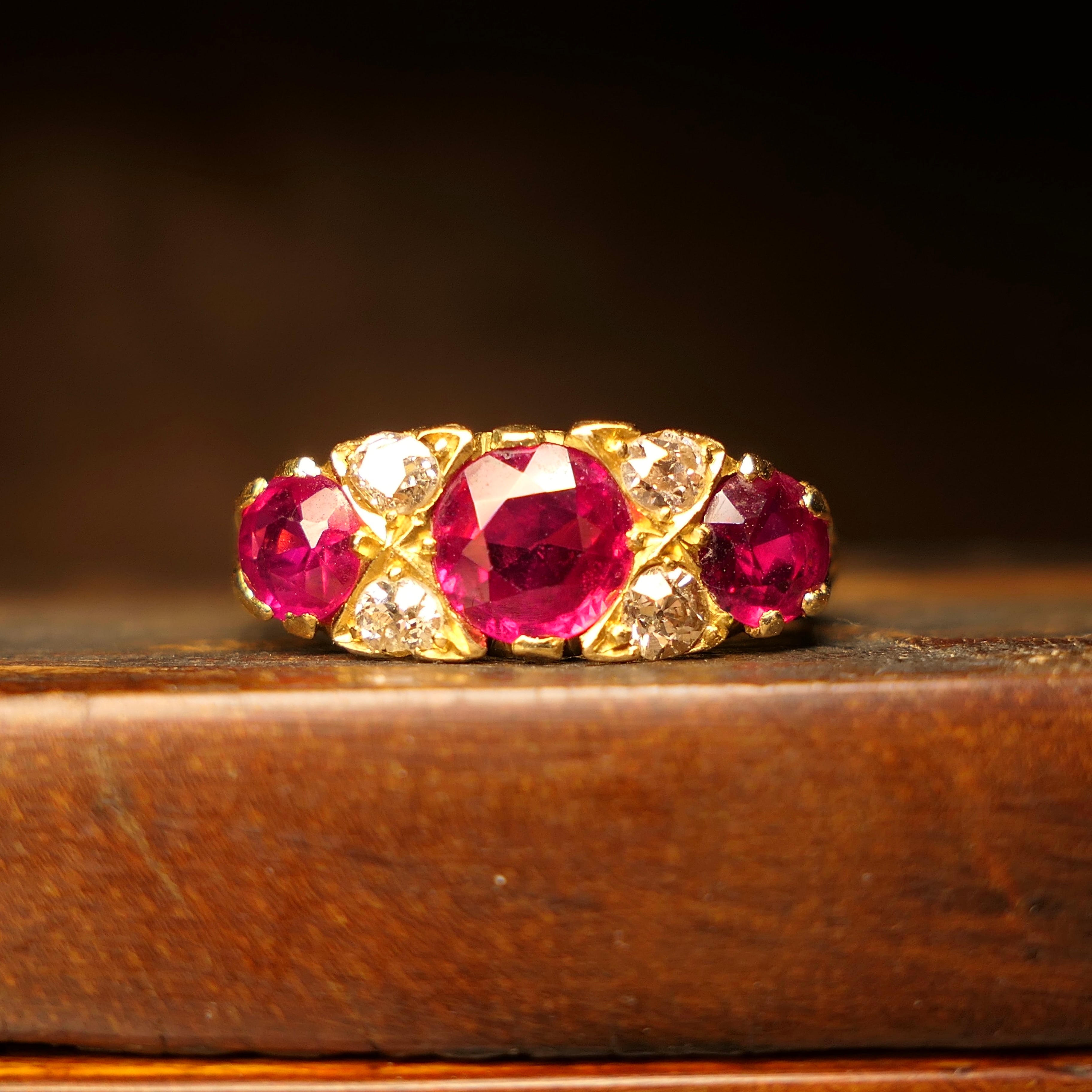 Edwardian 18ct Gold, Synthetic Ruby & Old Cut Diamond Half Hoop Ring, Hallmarked in 1909