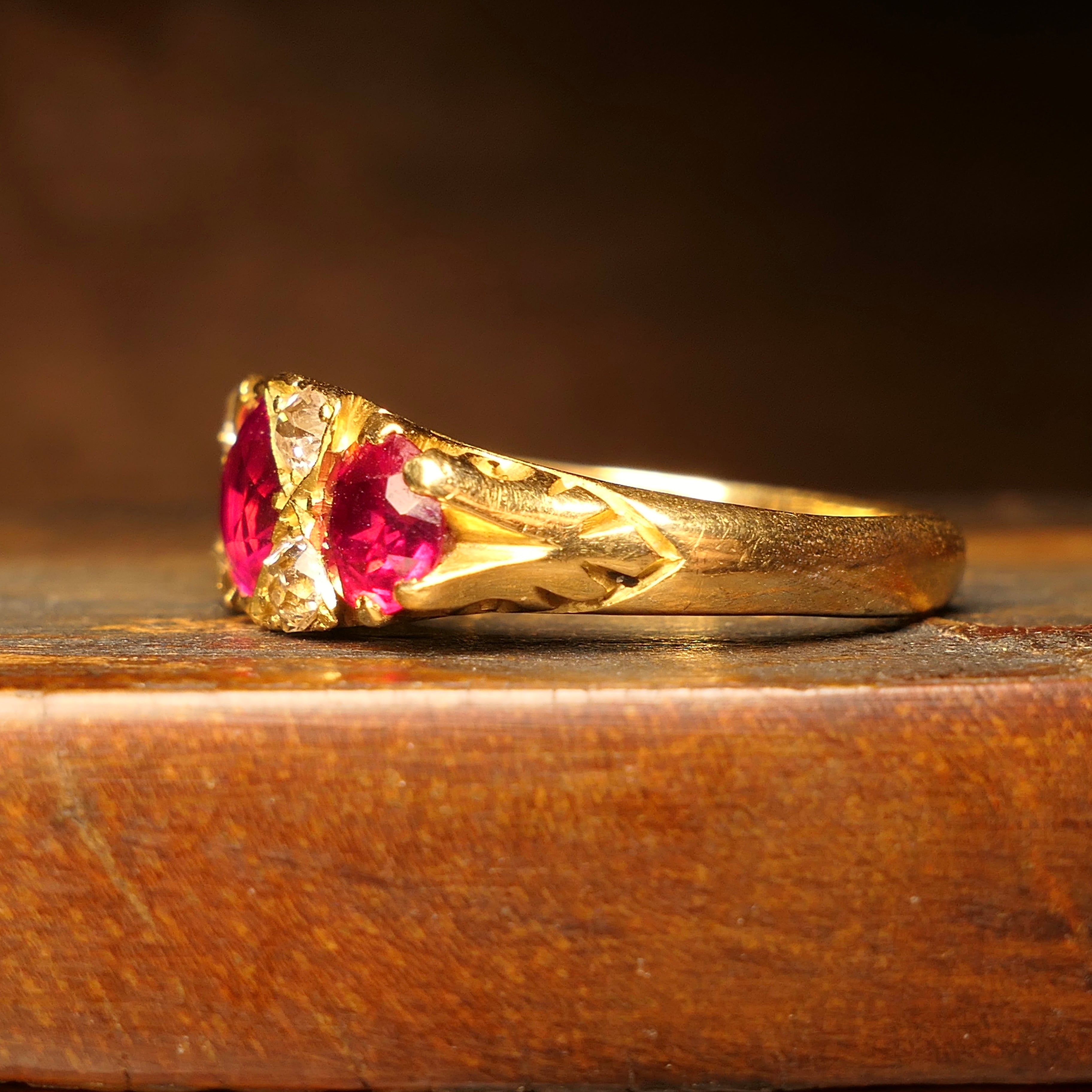 Edwardian 18ct Gold, Synthetic Ruby & Old Cut Diamond Half Hoop Ring, Hallmarked in 1909