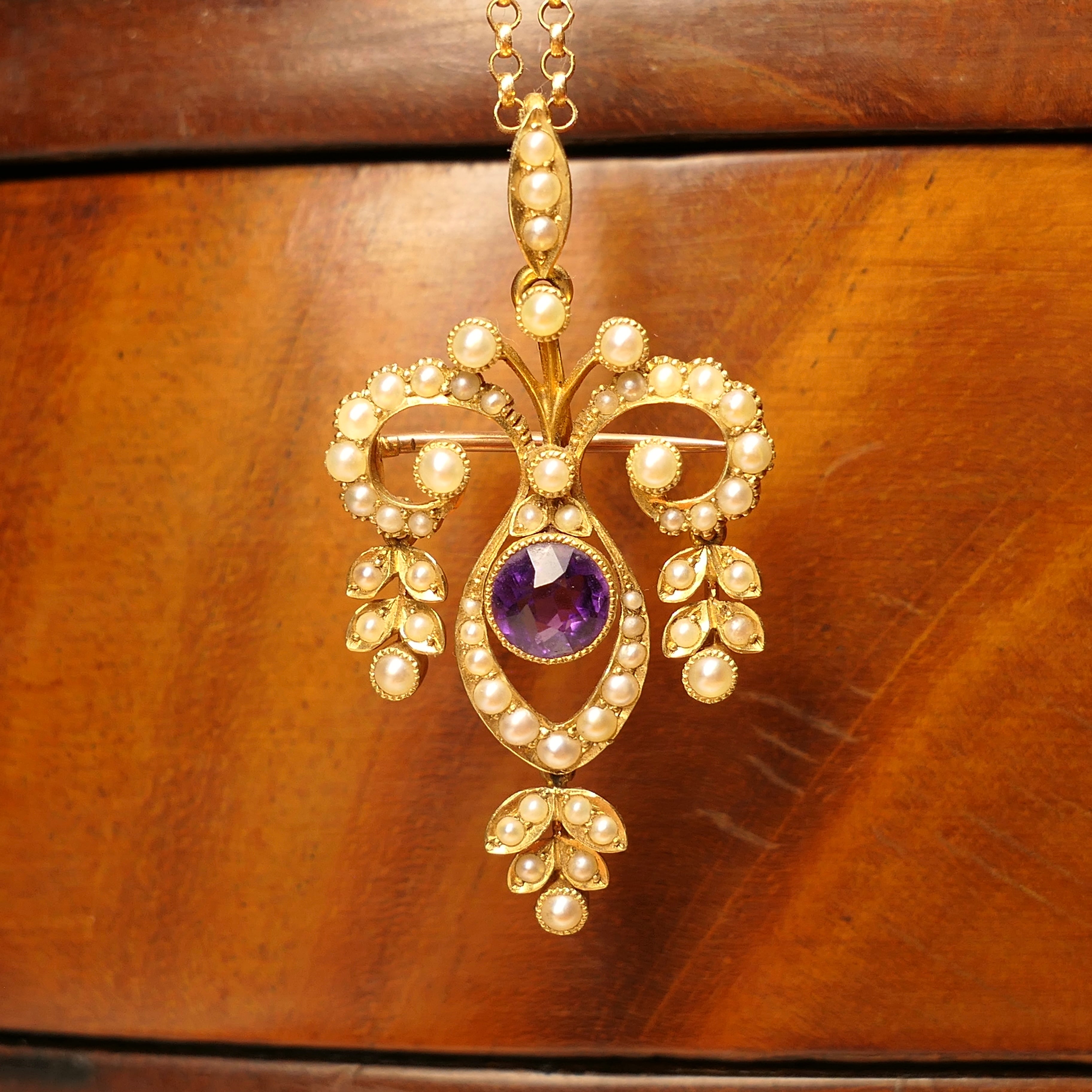 Edwardian 15ct gold, Amethyst & Split Pearl Drop Pendant