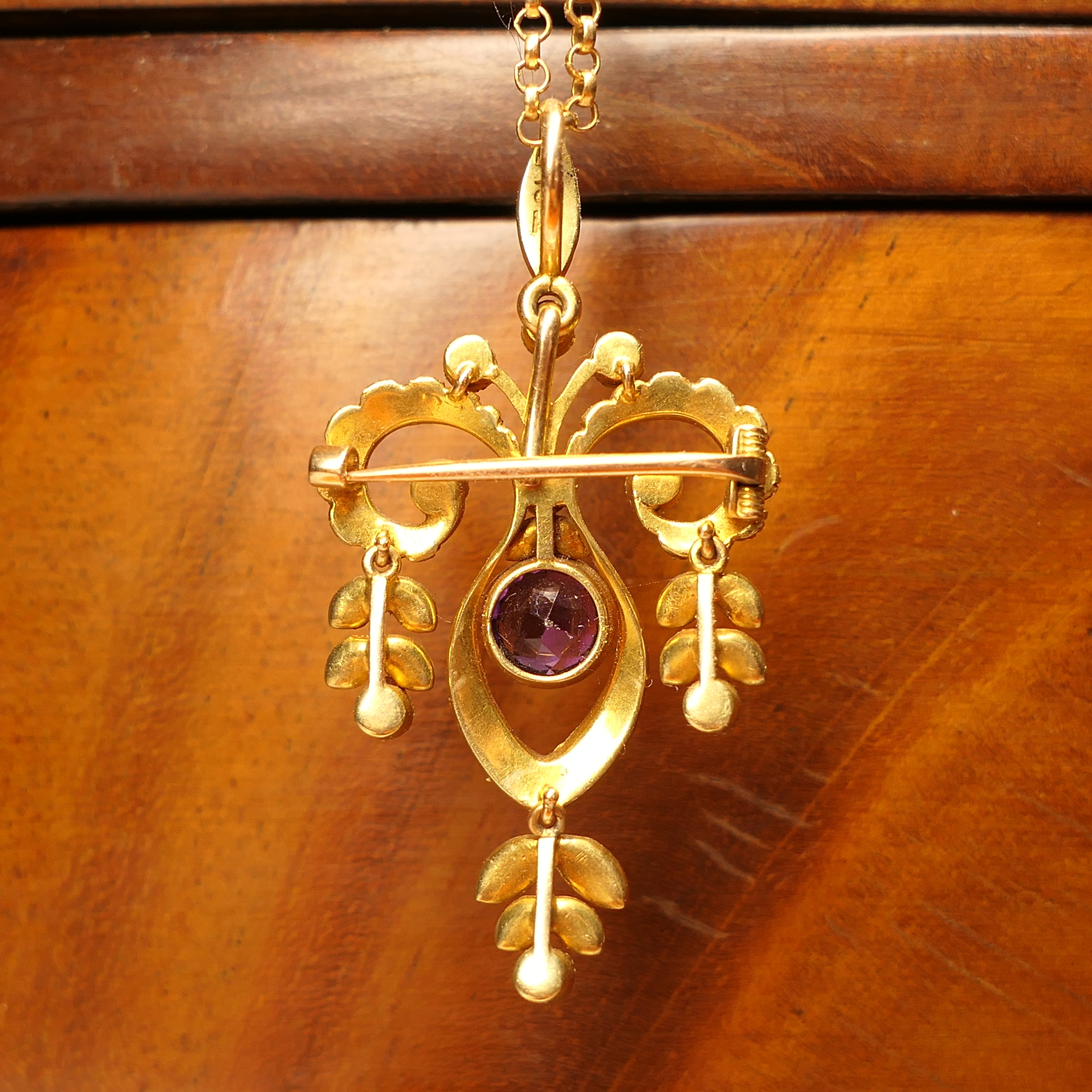 Edwardian 15ct gold, Amethyst & Split Pearl Drop Pendant