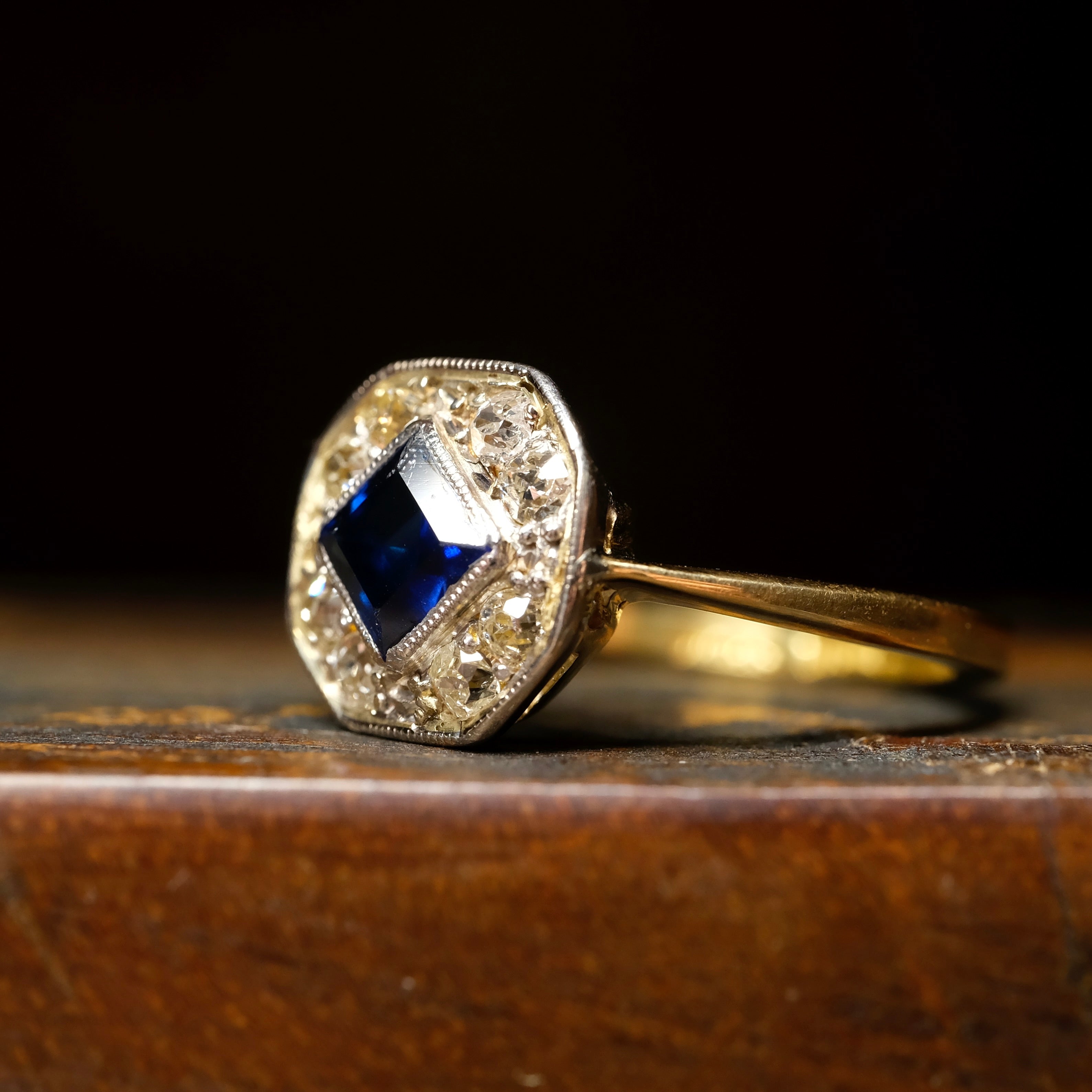 1920s, Art Deco, 18ct Gold, Old Cut Diamond & Synthetic Sapphire Cluster Ring