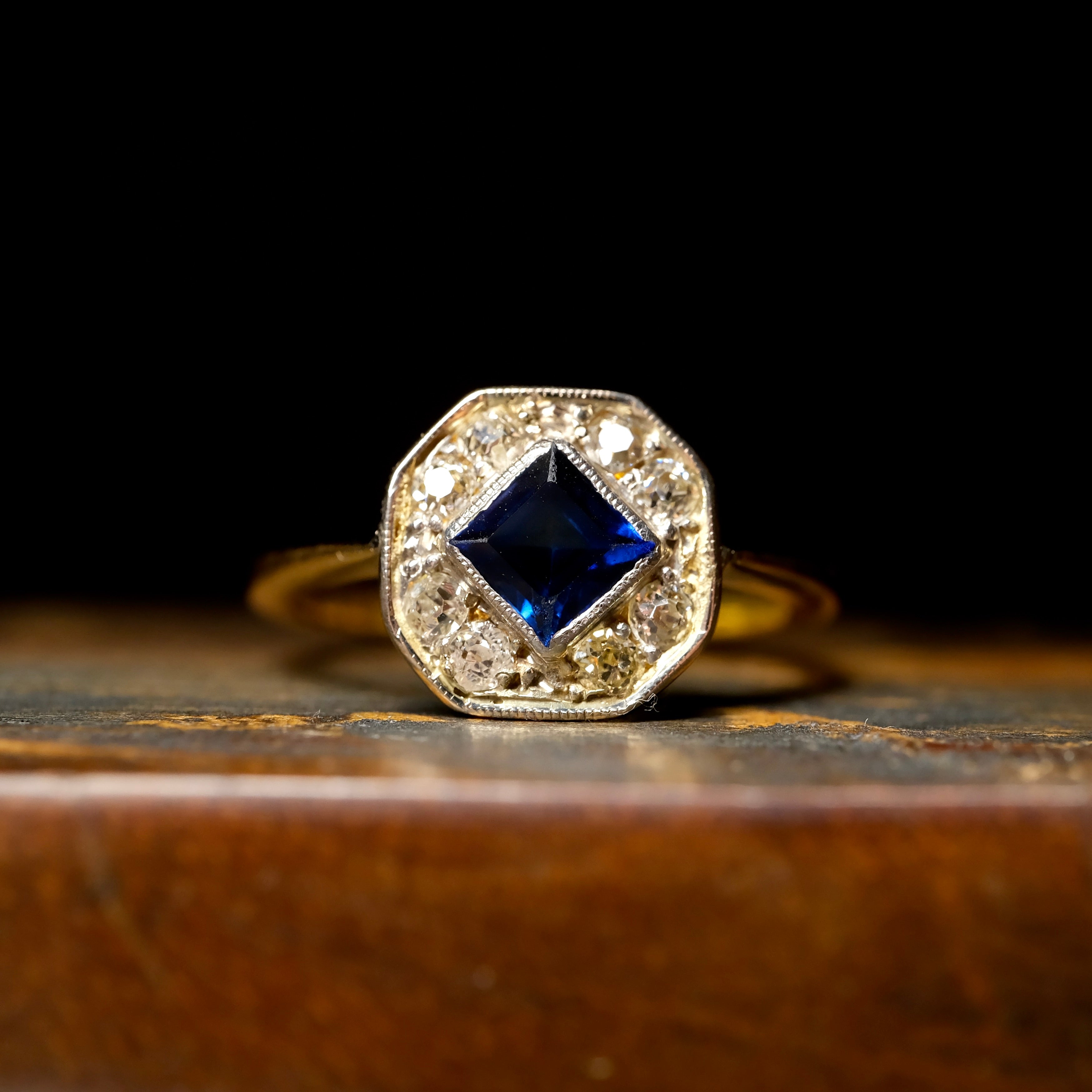 1920s, Art Deco, 18ct Gold, Old Cut Diamond & Synthetic Sapphire Cluster Ring