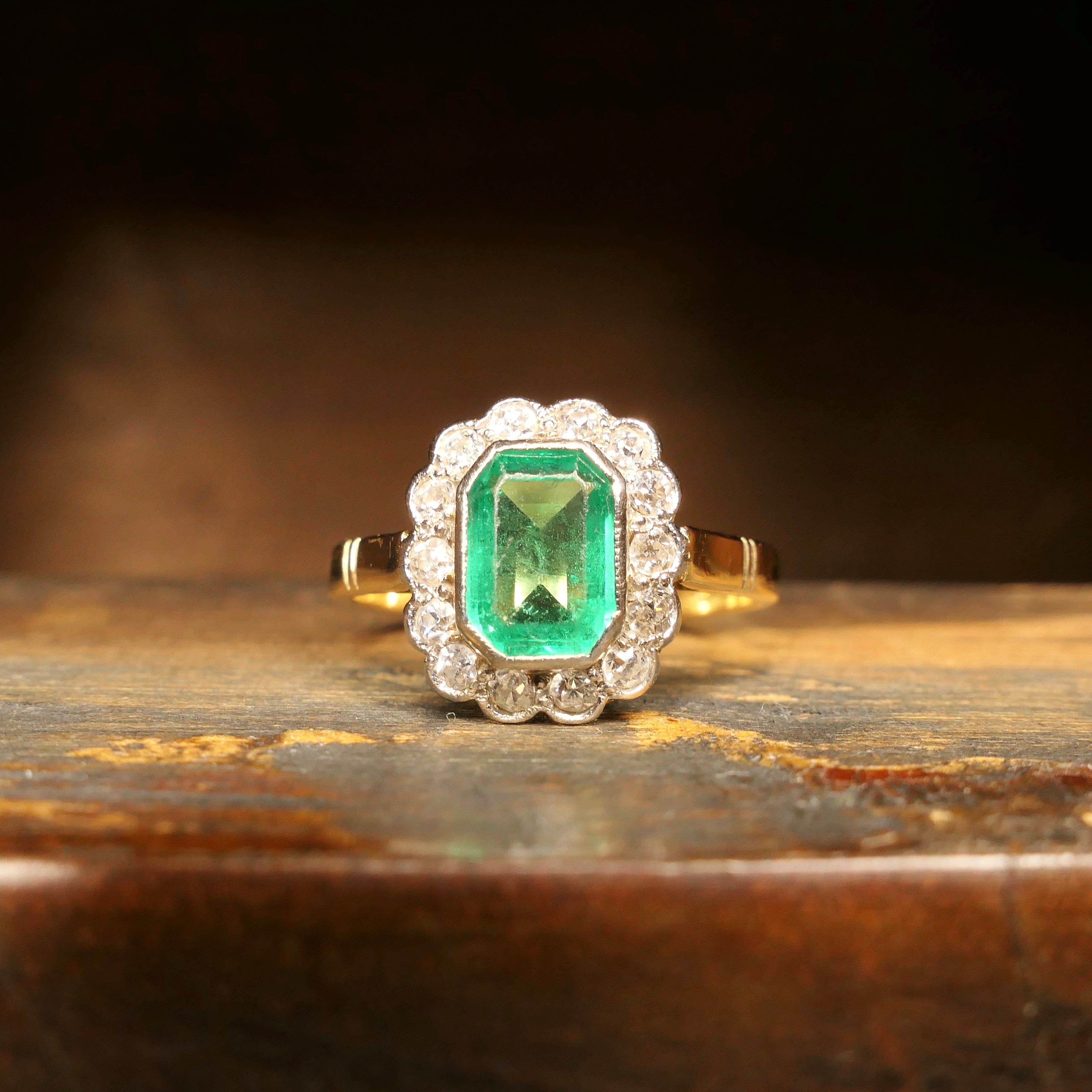 Original Art Deco, 18ct gold, emerald and old cut diamond cluster ring