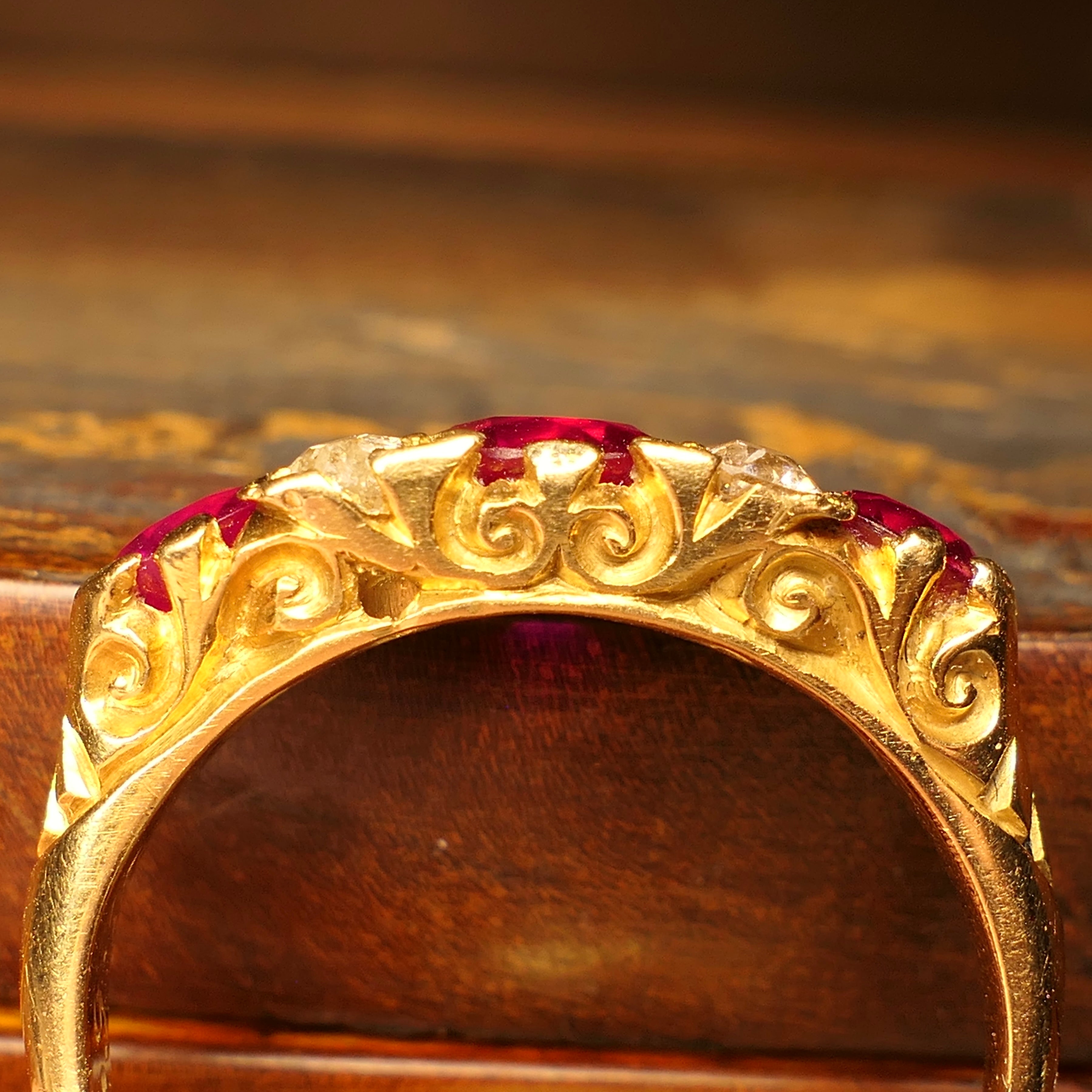 Edwardian 18ct Gold, Synthetic Ruby & Old Cut Diamond Half Hoop Ring, Hallmarked in 1909